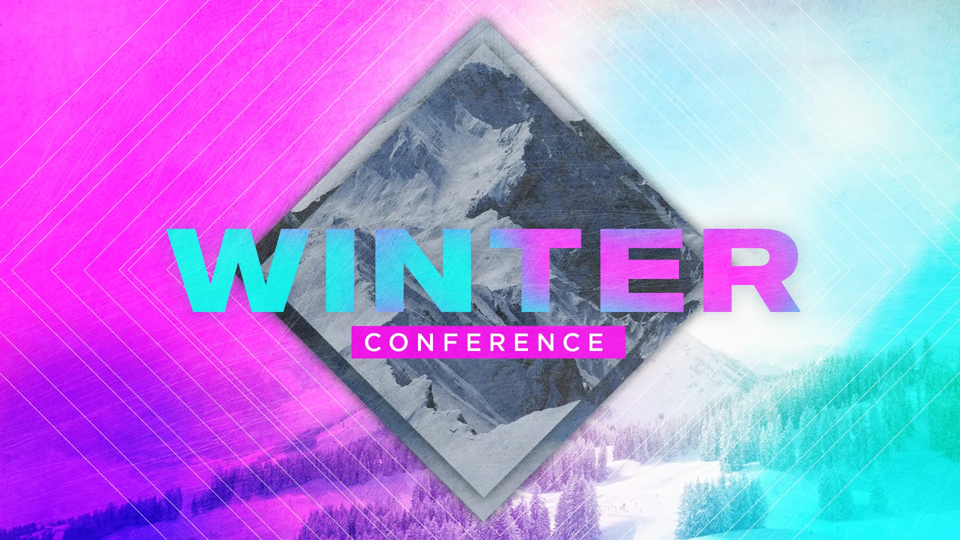 Winter conference announcement with vibrant colors, mountain imagery, and details for date and time, inviting community and faith.