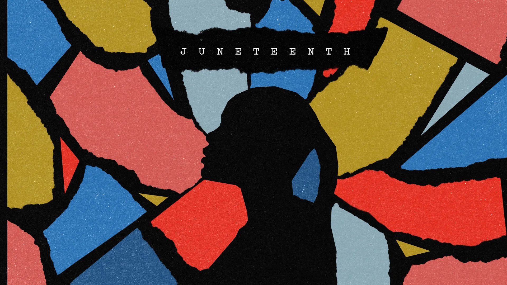This striking Juneteenth graphic features a silhouette against a colorful background, symbolizing freedom and unity in a bold, abstract style. Perfect for church media celebrating this historic event.