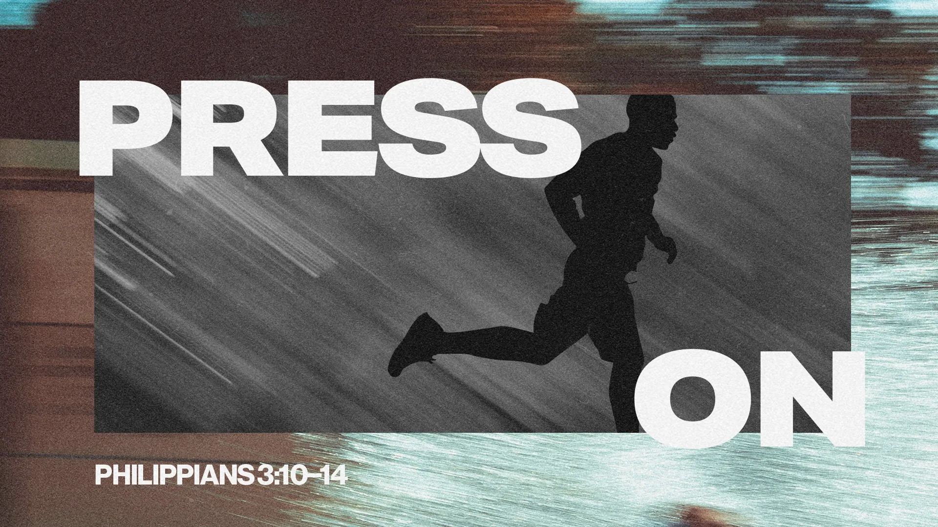 Runner in motion with bold text "PRESS ON," referencing Philippians 3:10-14, symbolizing perseverance in faith.