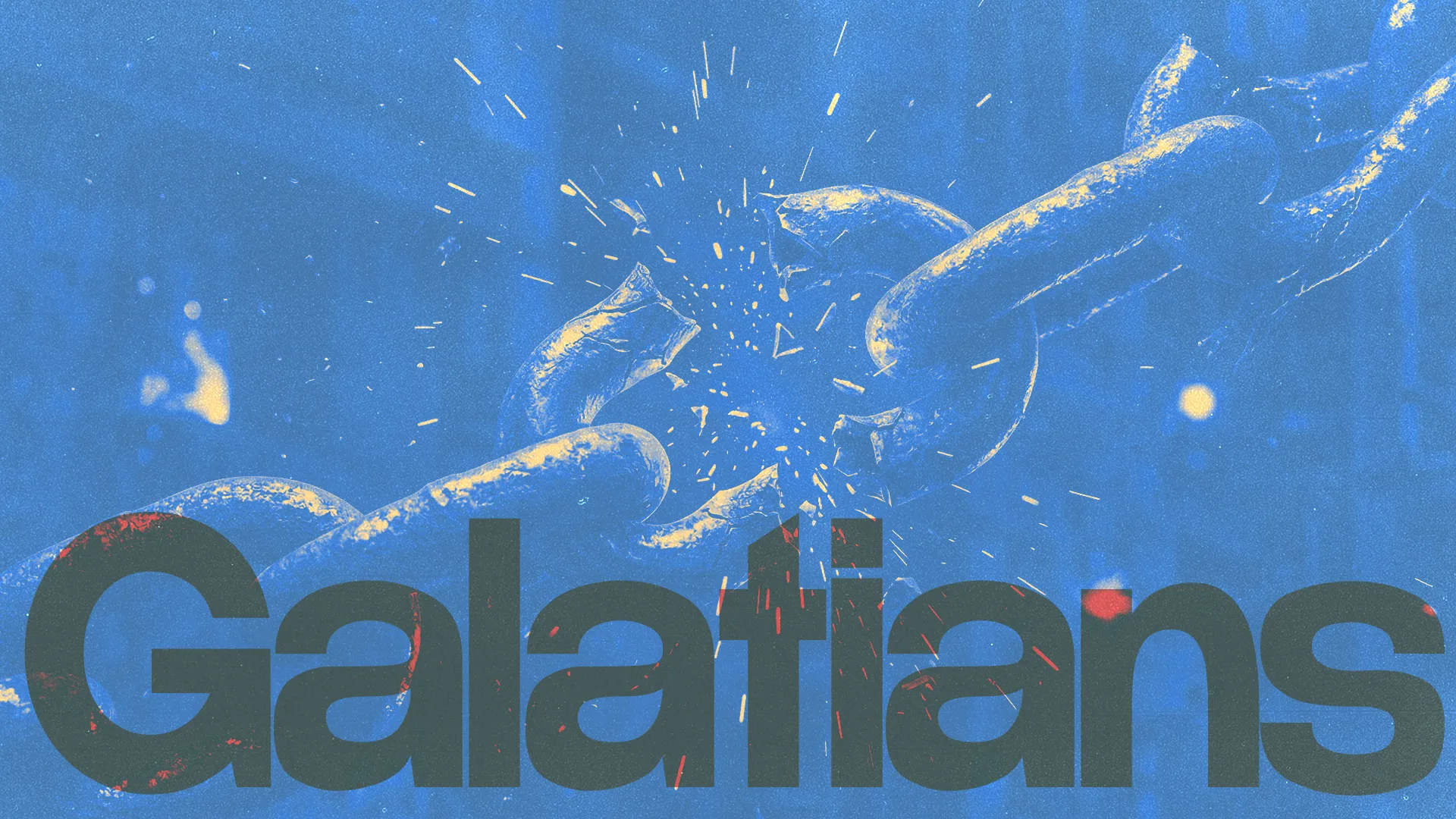 Breaking chains symbolize freedom and transformation, with "Galatians" highlighted, reflecting faith and spiritual liberation.