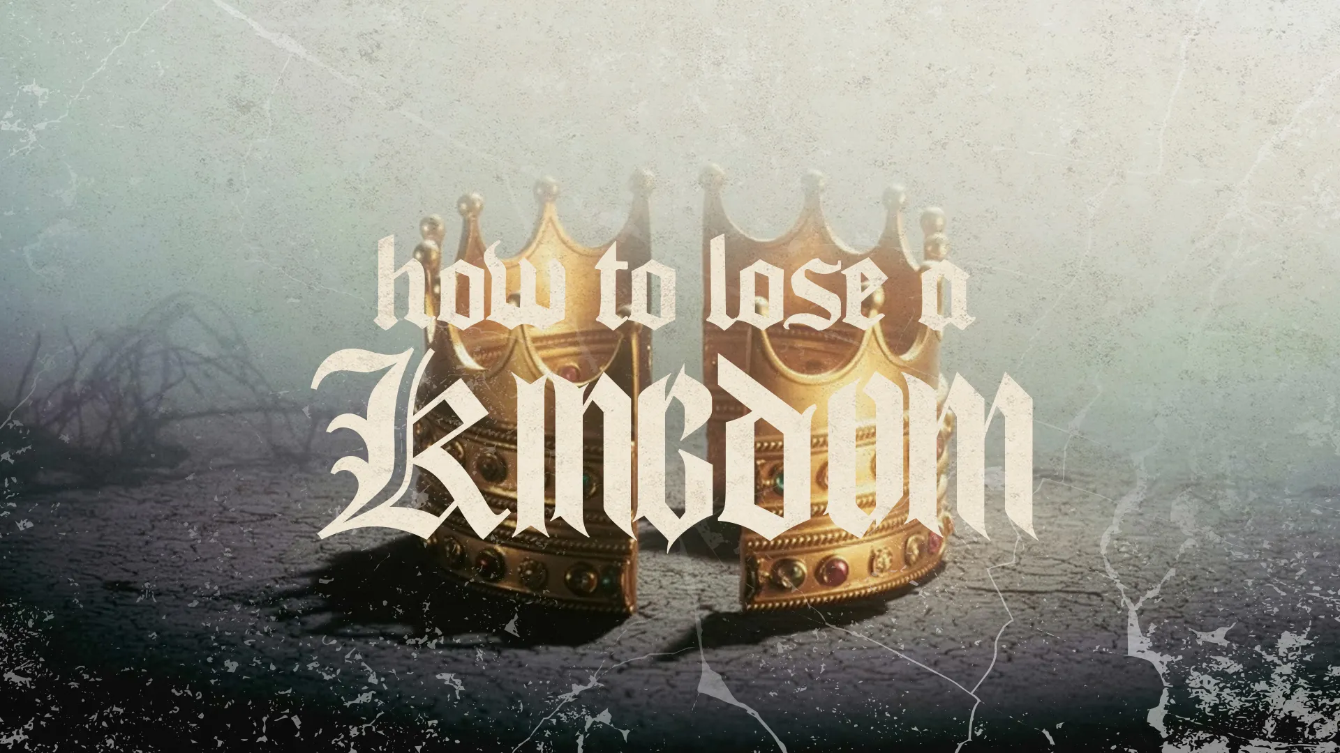 Gold crowns on a cracked surface symbolize loss and humility in faith, inviting reflection on spiritual priorities.