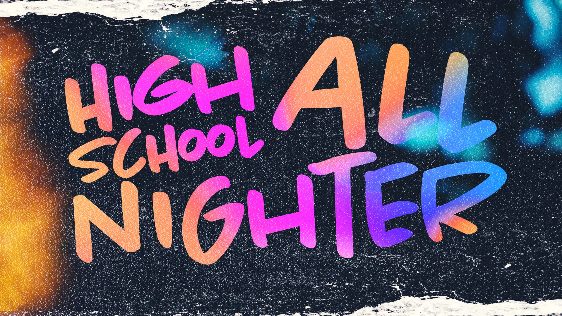 High school all-nighter event announcement with vibrant, colorful text on a dark background, inviting community engagement.