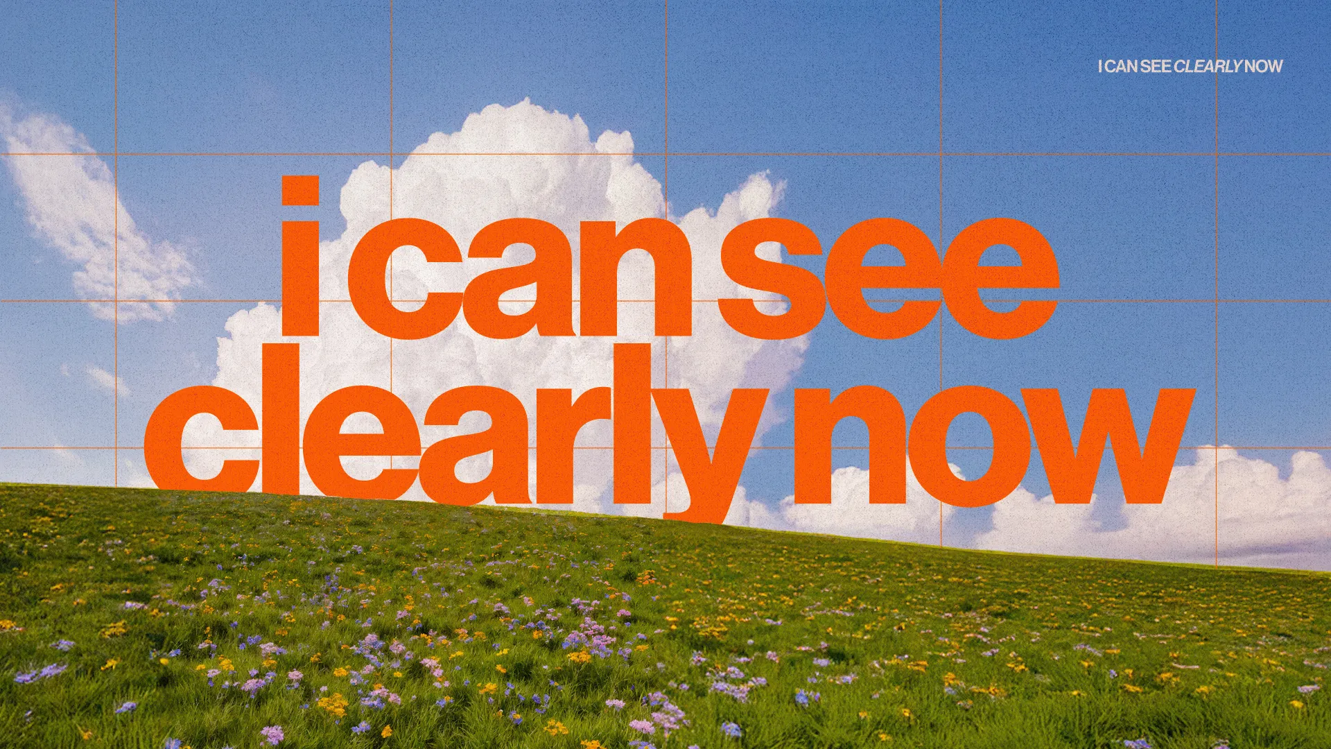 Bright blue sky with fluffy clouds above a vibrant green field filled with wildflowers, featuring the text "I can see clearly now."