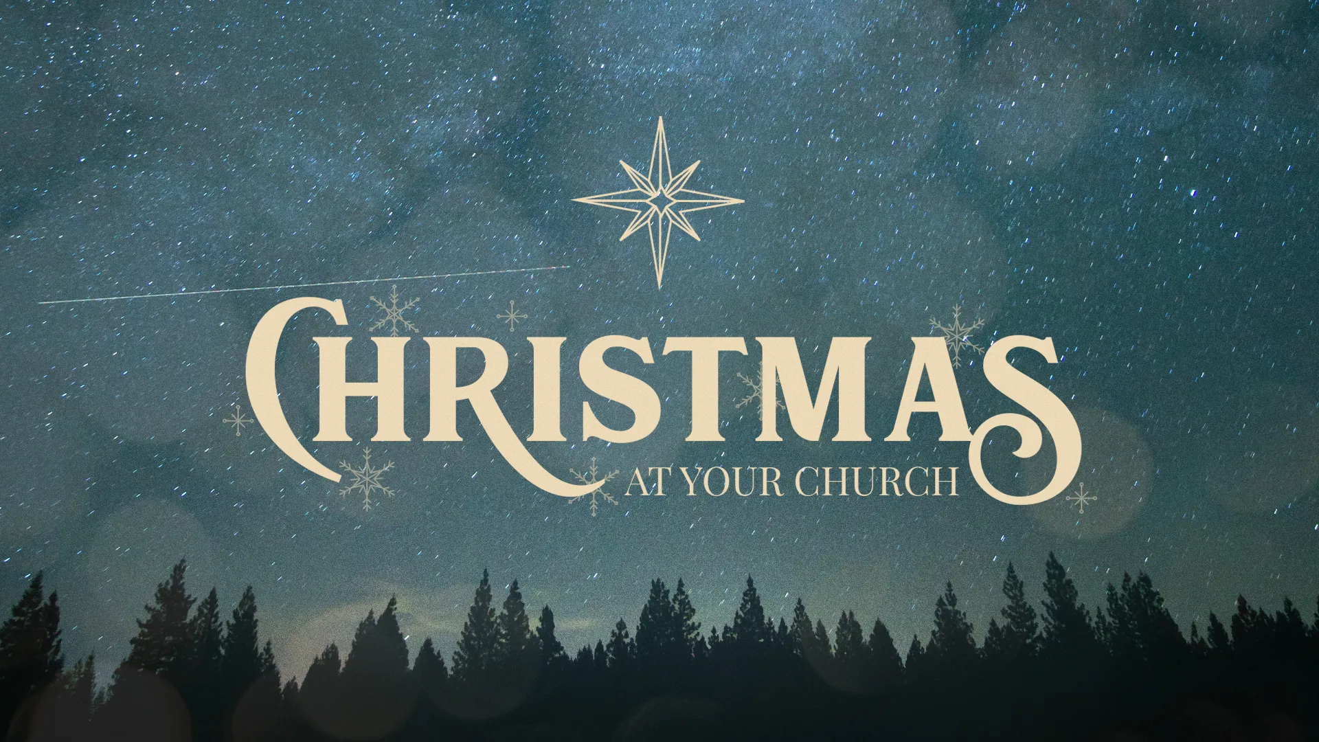 Starry night sky with evergreen trees and elegant text reading "Christmas at Your Church," evoking faith and community.