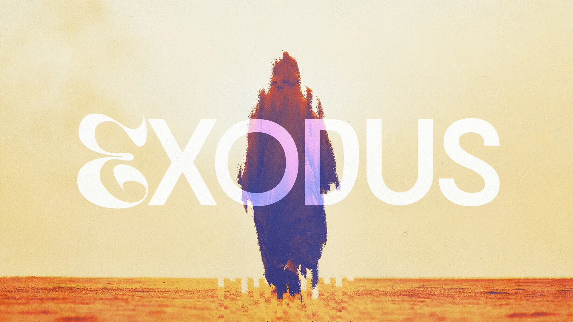 Silhouetted figure walking in a desert, with the word "EXODUS" prominently displayed, symbolizing faith and journey.