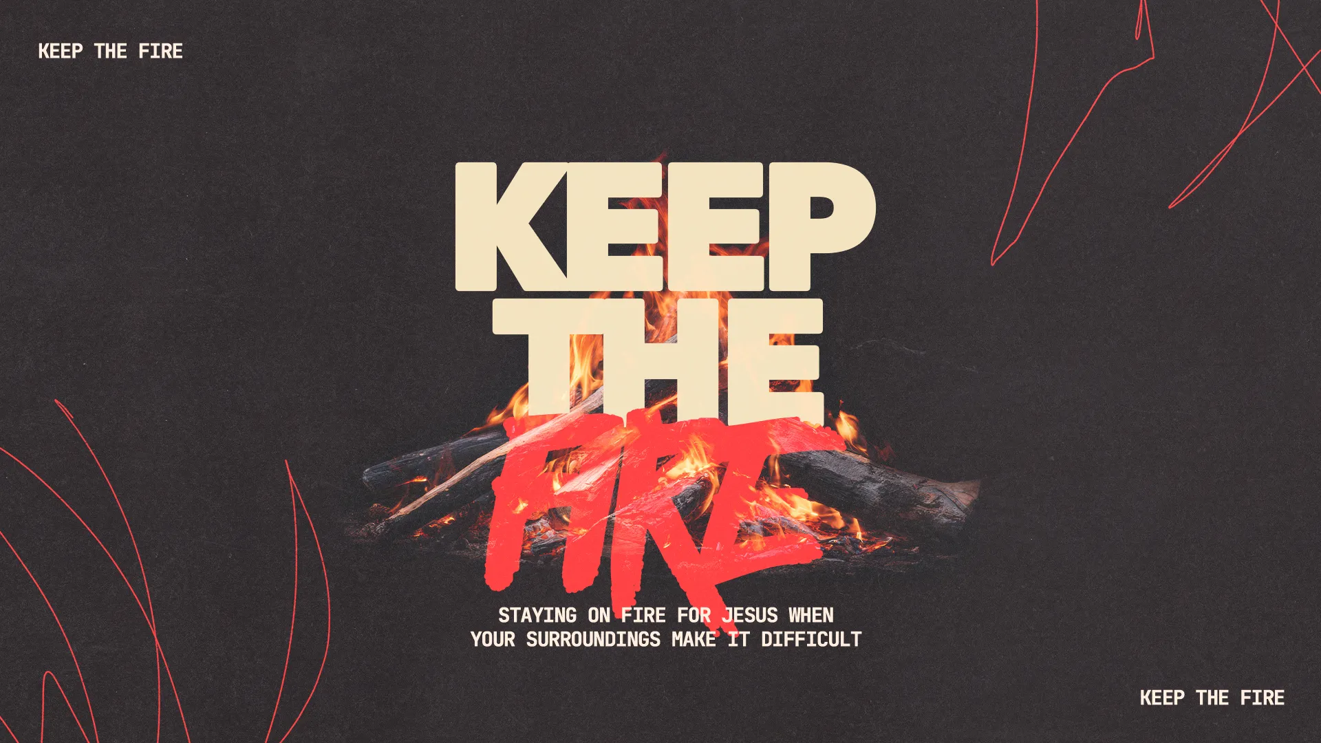 Bold text "Keep the Fire" over a glowing campfire, symbolizing faith and perseverance in challenging times.