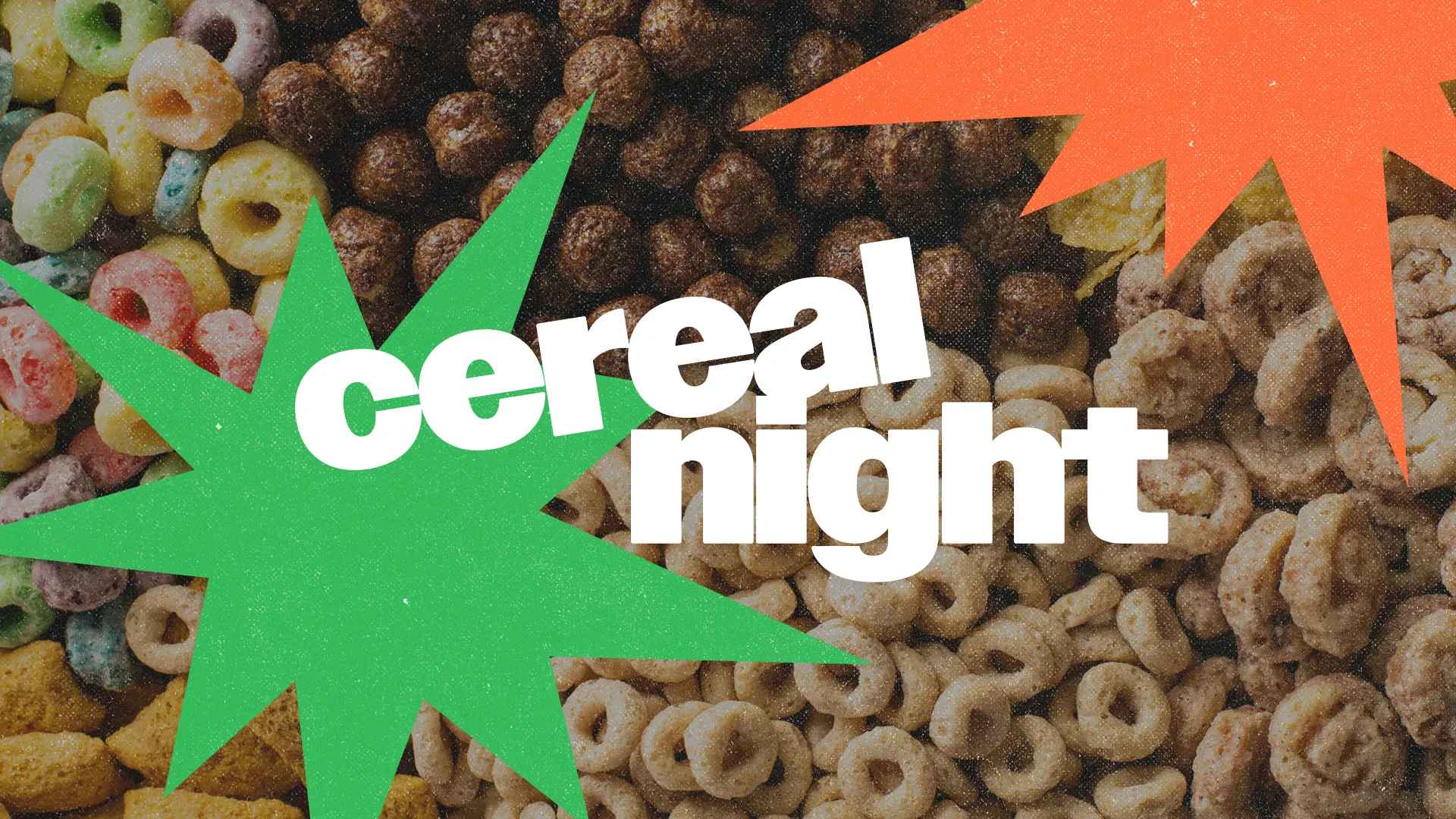 Cereal Night event announcement with colorful cereal graphics, inviting community fellowship and fun for all ages.