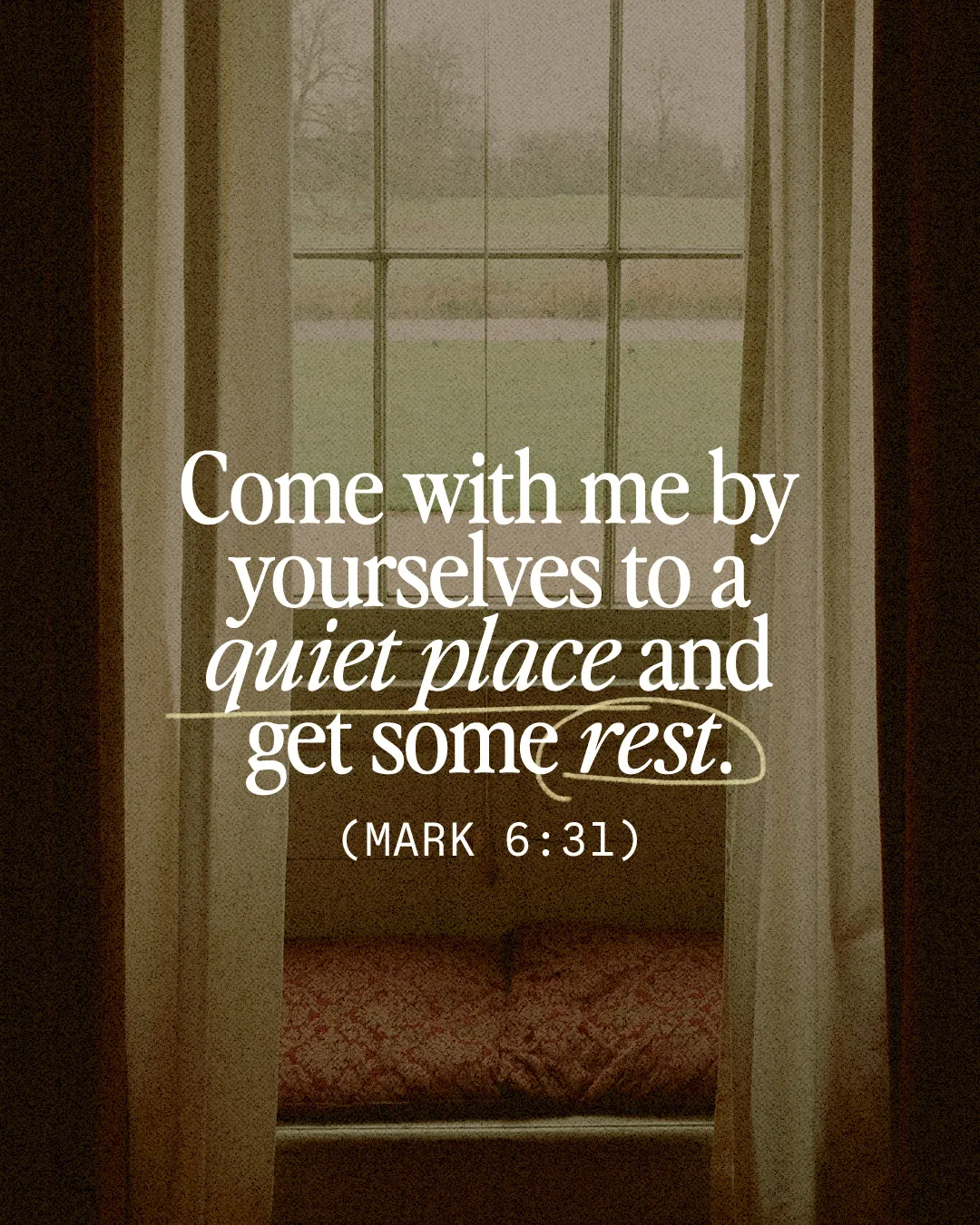 Inviting scripture encourages retreat and reflection in a serene, sunlit space, fostering spiritual renewal and rest.