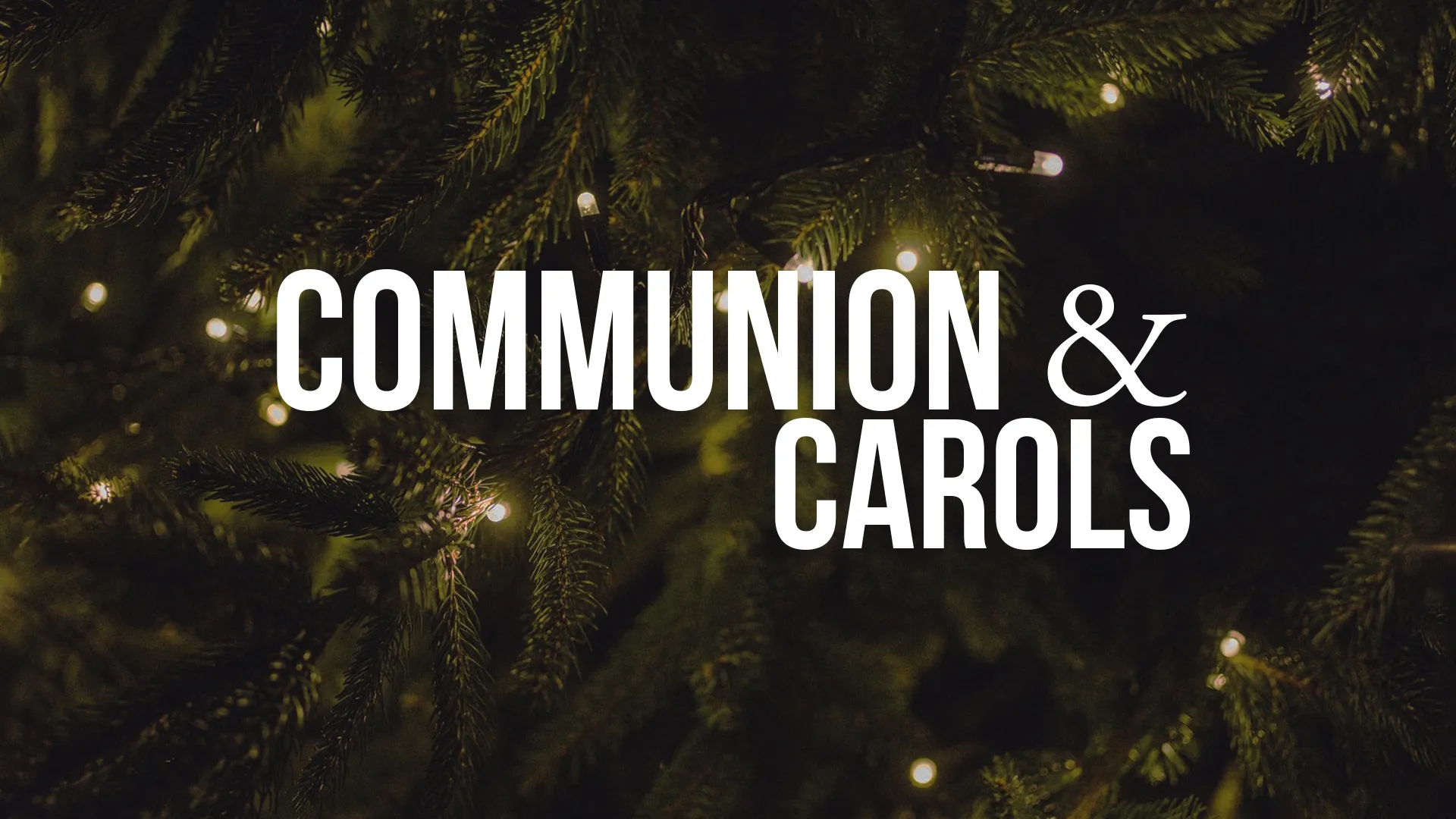 Communal celebration of faith with communion and carols on Christmas Eve, surrounded by festive lights and greenery.