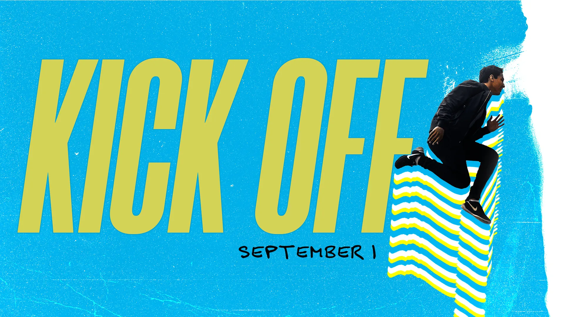 Energetic church media design for Kick Off event with large yellow text on blue background featuring silhouette of person jumping.