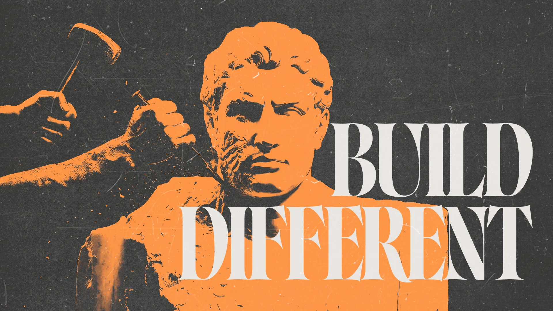 Chiseled statue with a hammer, symbolizing faith and transformation; bold text reads "Build Different."