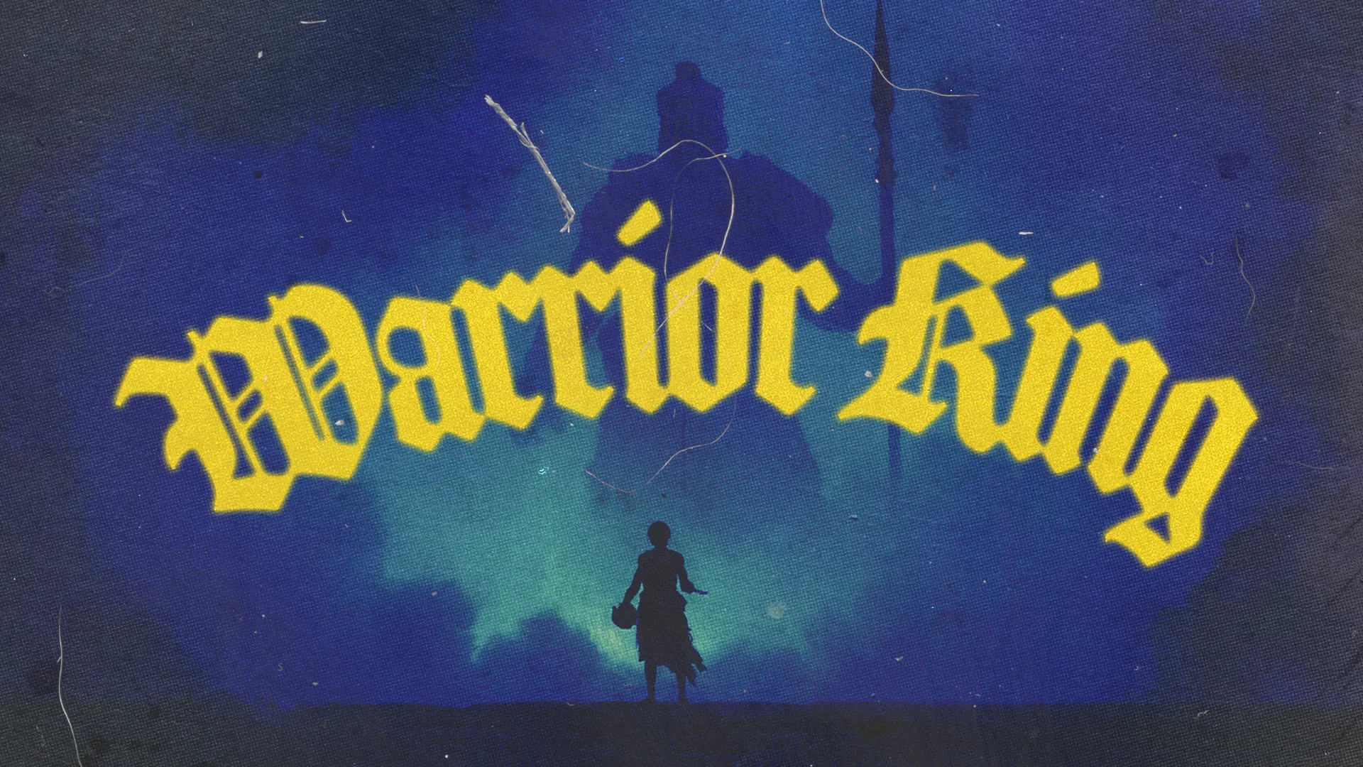 Silhouette of a figure with a basket against a blue backdrop, highlighting "Warrior King" in bold yellow, symbolizing faith and strength.