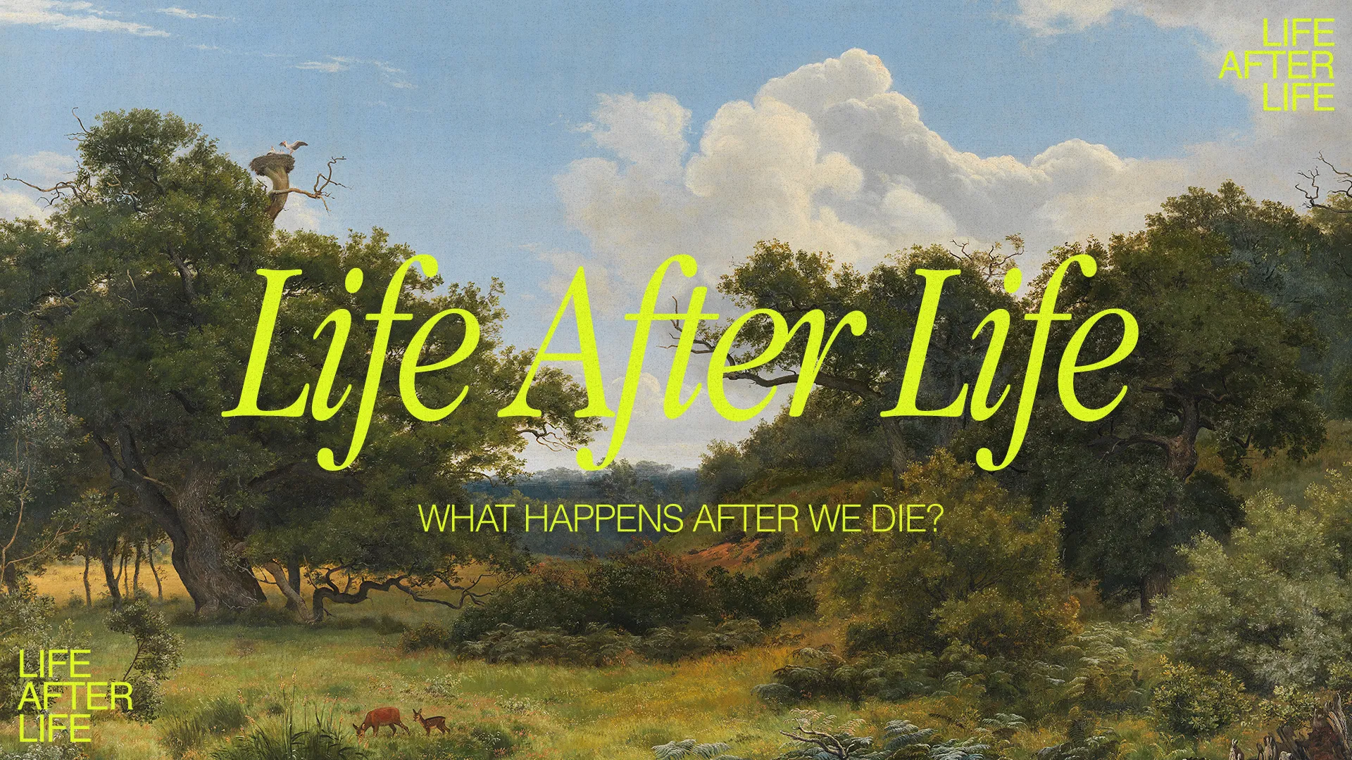 Lush landscape with trees and wildlife, reflecting themes of life, faith, and the mystery of existence after death.