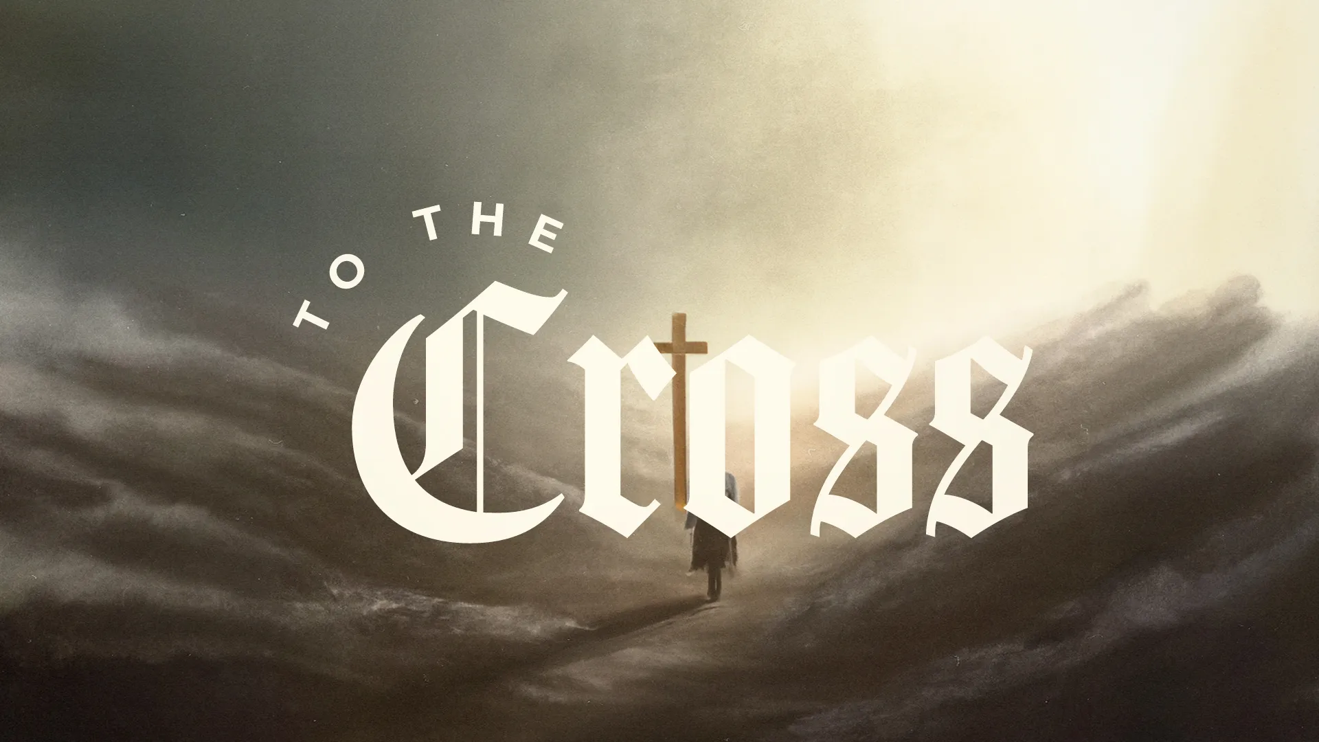 A figure walks towards a cross in a dramatic landscape, symbolizing faith and the journey to the cross.