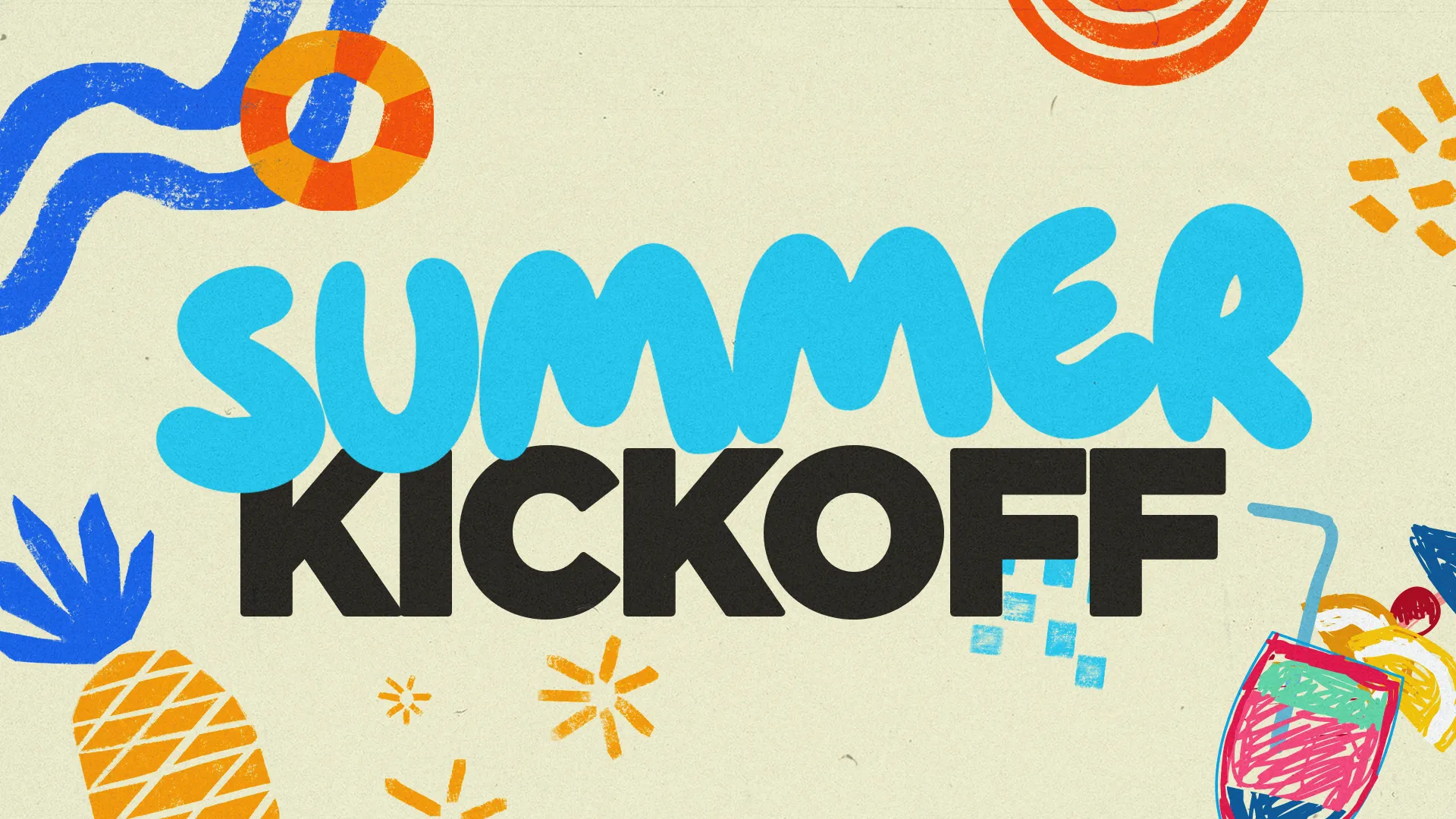 Bright, playful design featuring "Summer Kickoff" with tropical elements, inviting community and fellowship in faith.