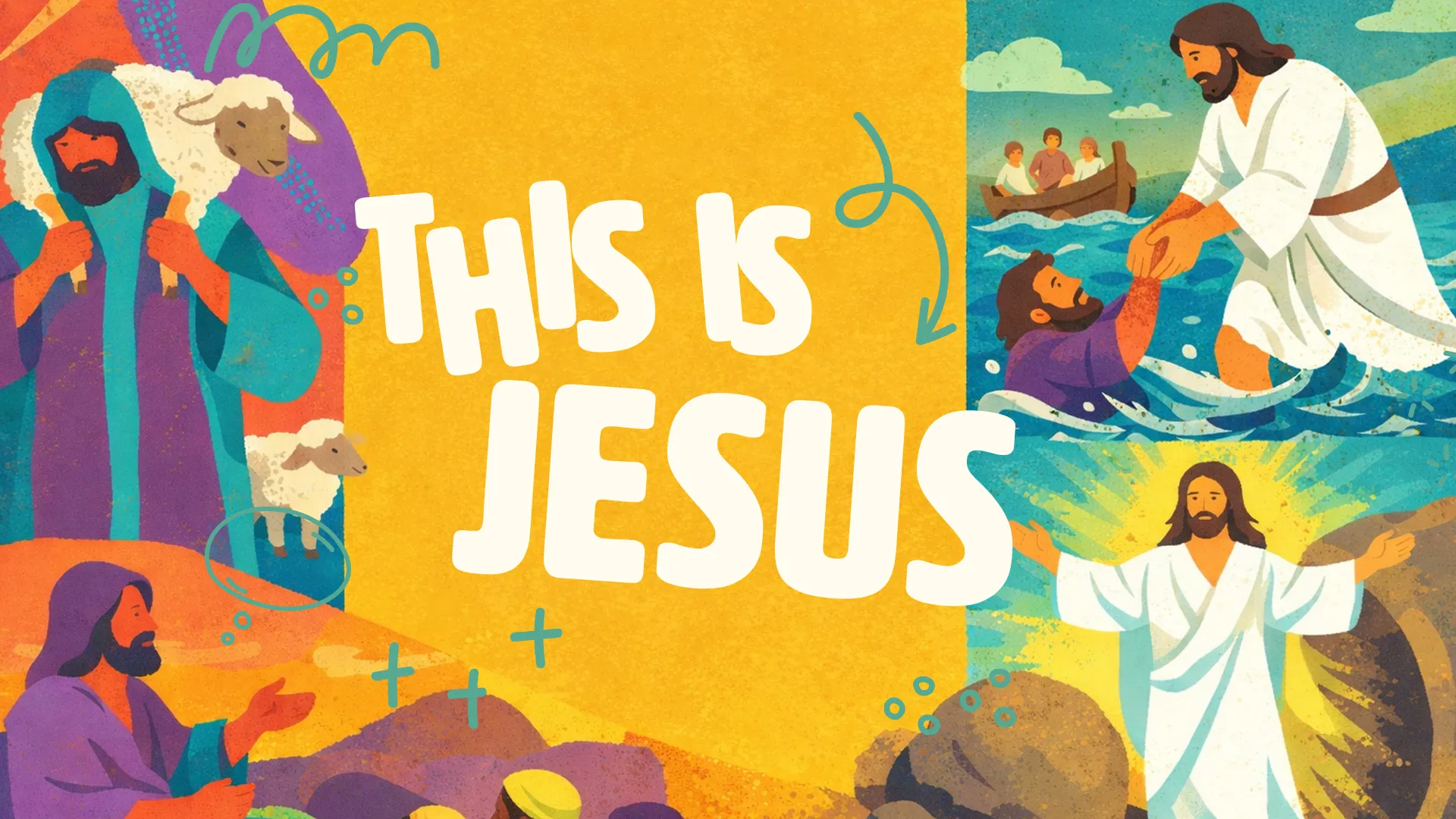 Jesus depicted as shepherd, healer, and resurrected savior, emphasizing faith, community, and biblical teachings.