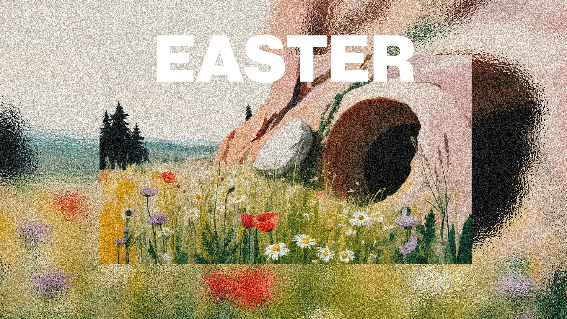 Easter scene with a stone tomb surrounded by vibrant flowers and trees, symbolizing renewal and resurrection.