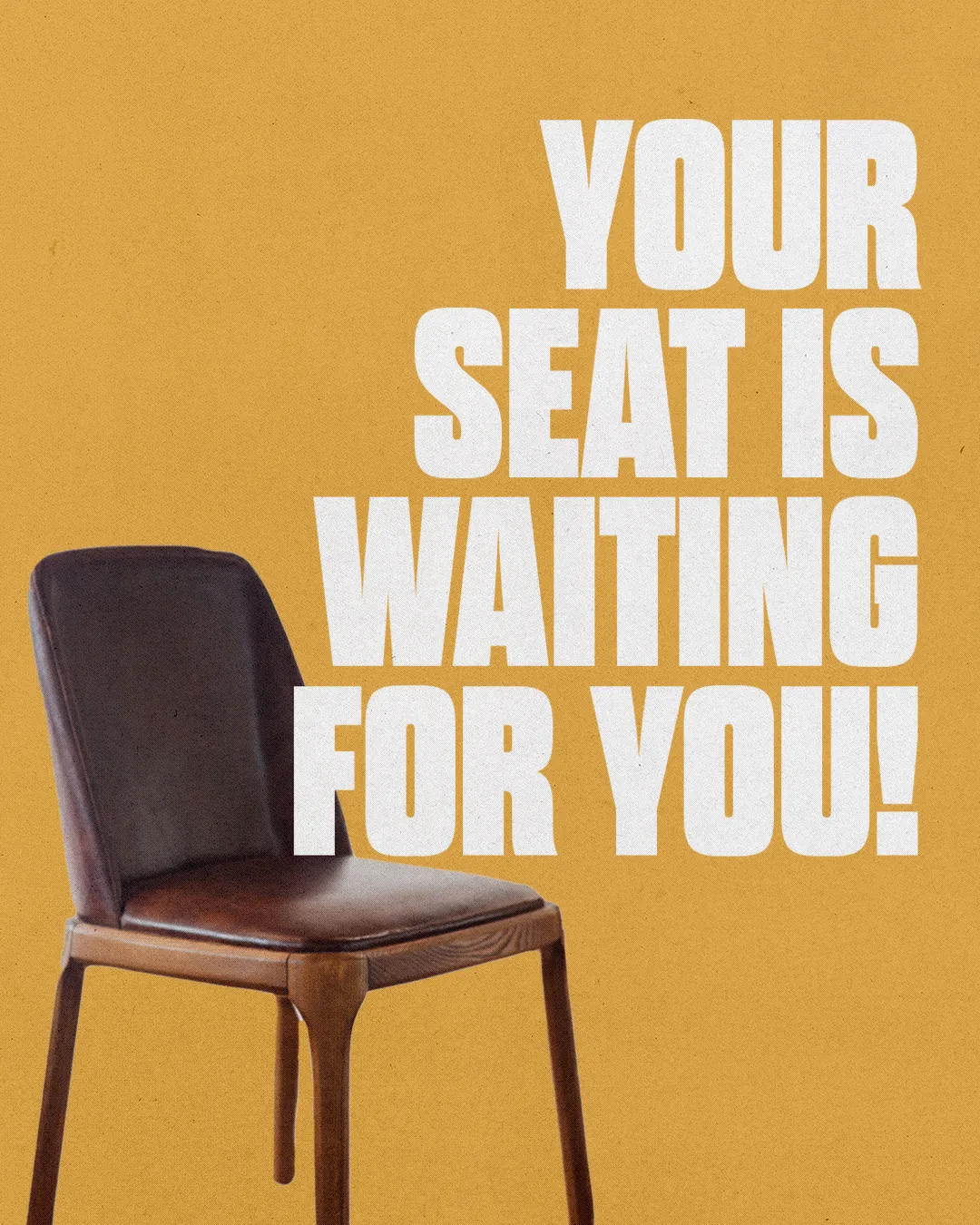 "Inviting message encouraging community participation and belonging in worship with a welcoming chair on a warm background."