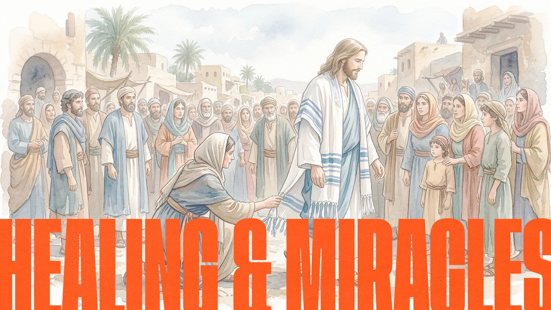 Jesus surrounded by a crowd, a woman reaching for his garment, embodying themes of healing, faith, and community.