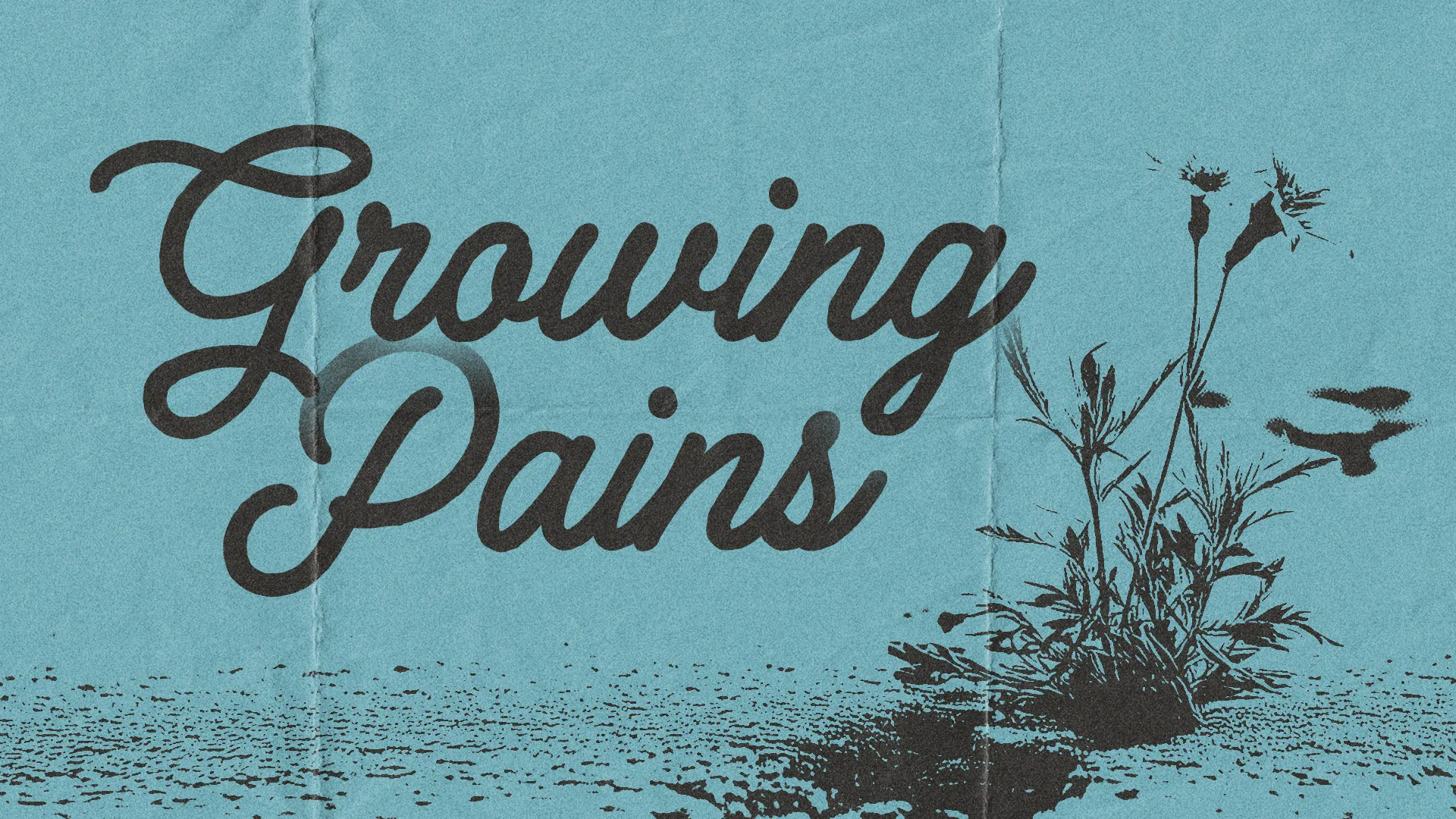 "Growing Pains" title with a silhouette of plants against a blue background, symbolizing faith and spiritual growth.