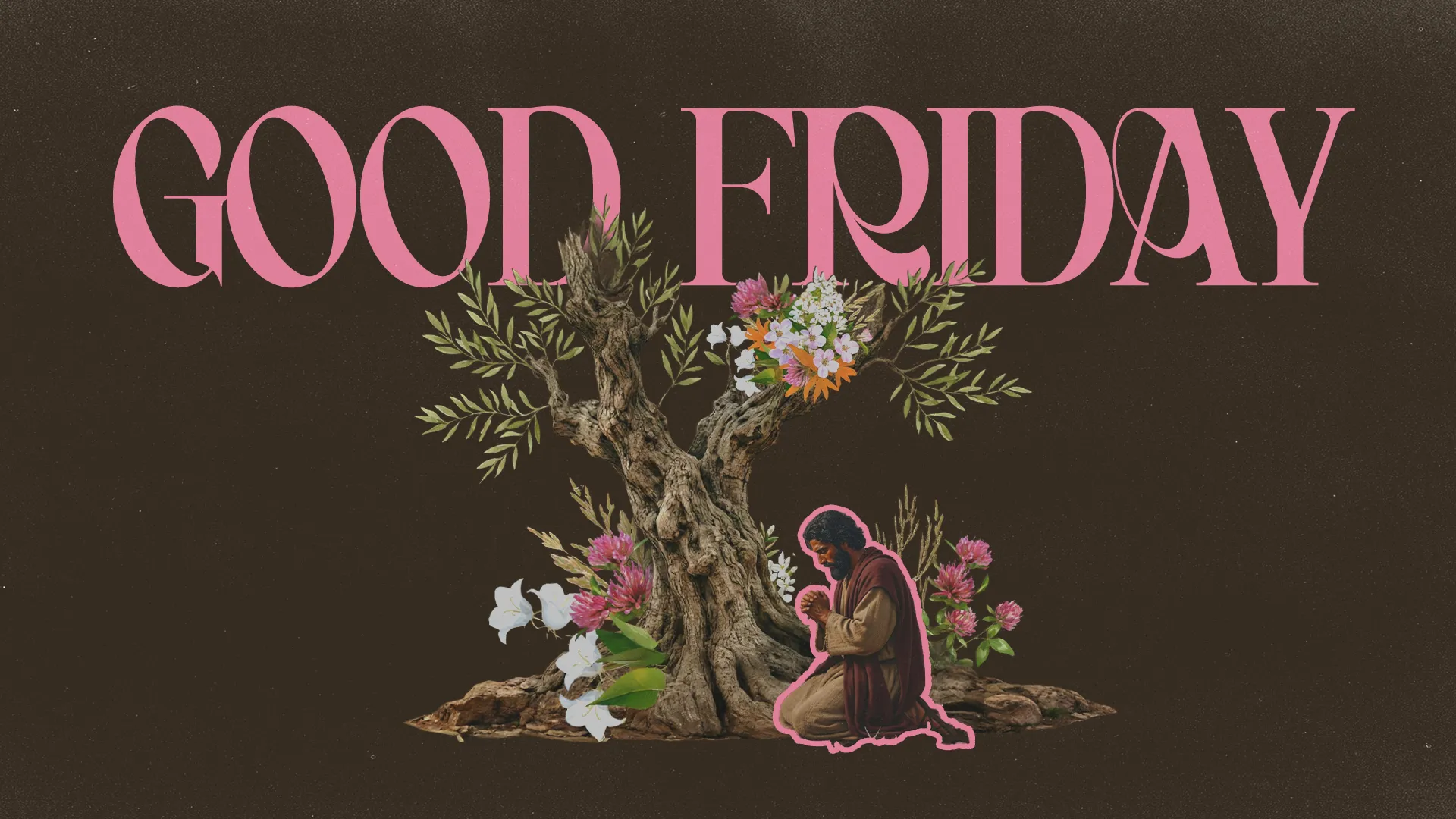 Good Friday theme with a praying figure, vibrant flowers, and a tree, symbolizing faith and reflection in worship.