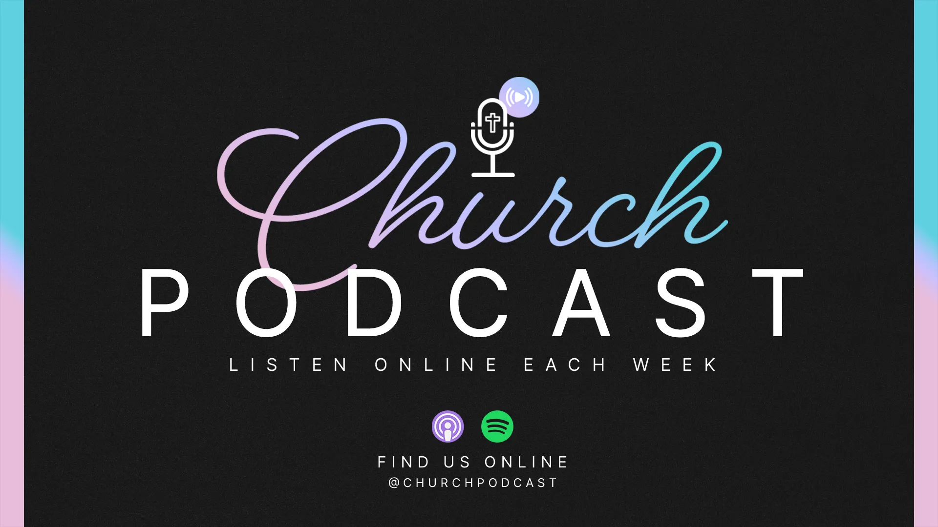 Church podcast promotion featuring a microphone icon, inviting listeners to engage with faith-based discussions online.