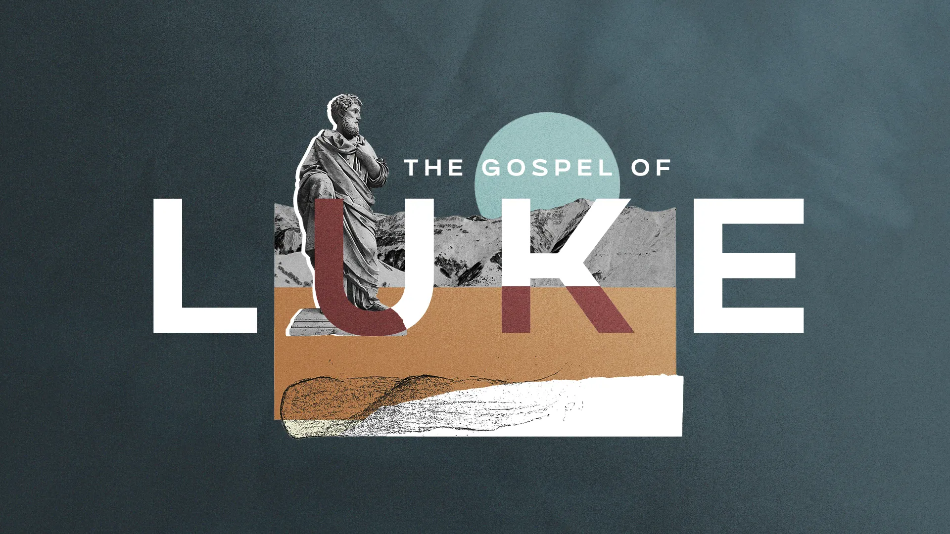 The Gospel of Luke highlighted with a statue, mountains, and abstract shapes, symbolizing faith and biblical teachings.