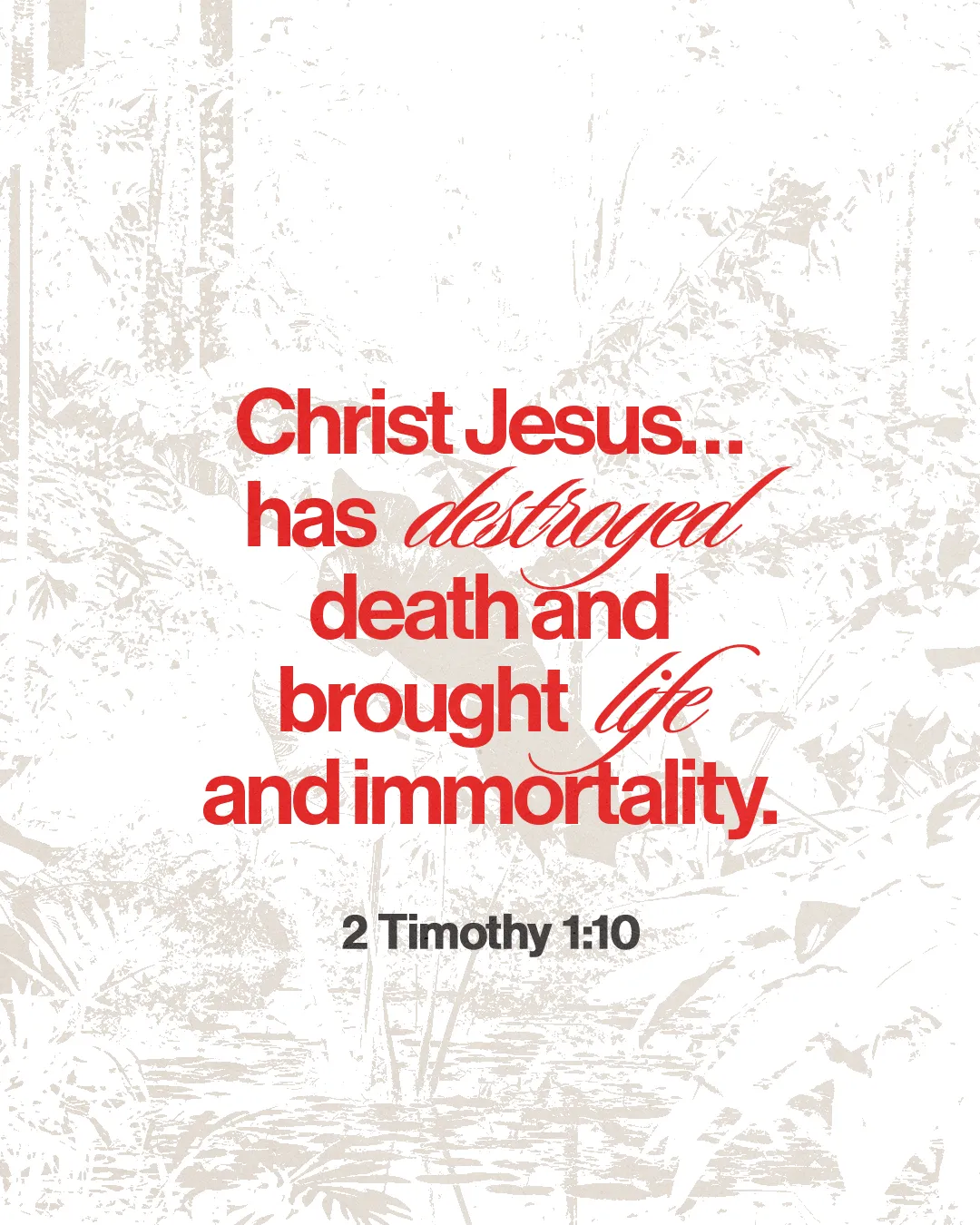 "Christ Jesus brings life and immortality, overcoming death. 2 Timothy 1:10 emphasizes hope and faith in Him."