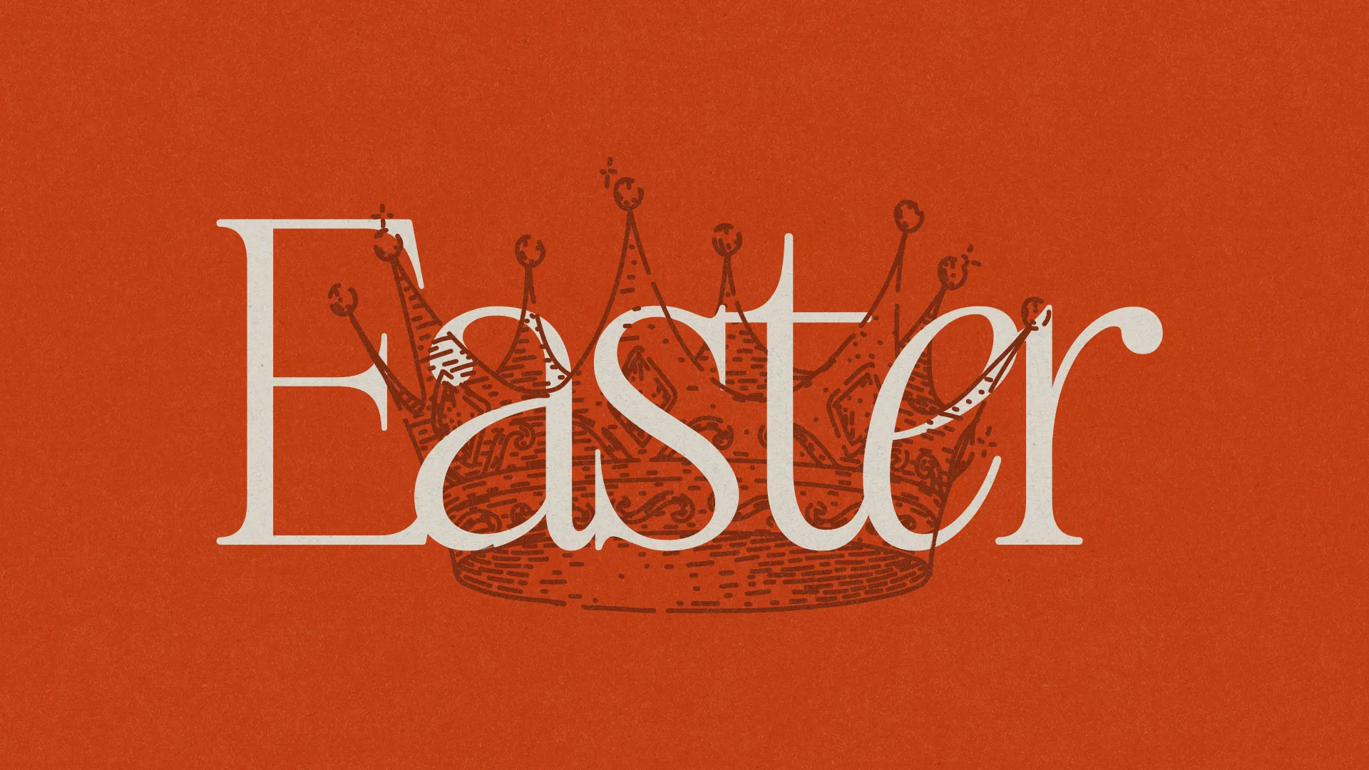 Easter text overlay with a crown illustration on a vibrant orange background, symbolizing resurrection and celebration.