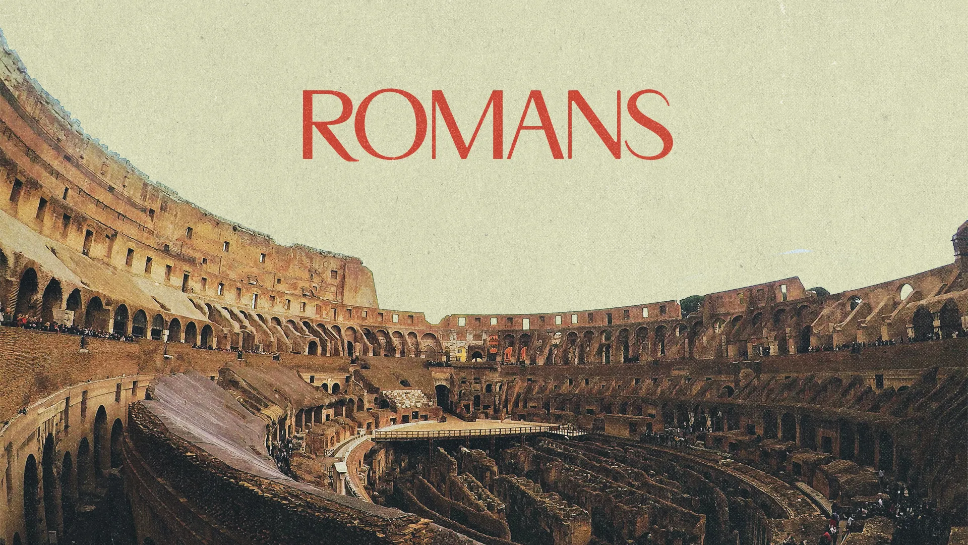 Ancient coliseum interior with "ROMANS" text, symbolizing faith, community, and biblical teachings.