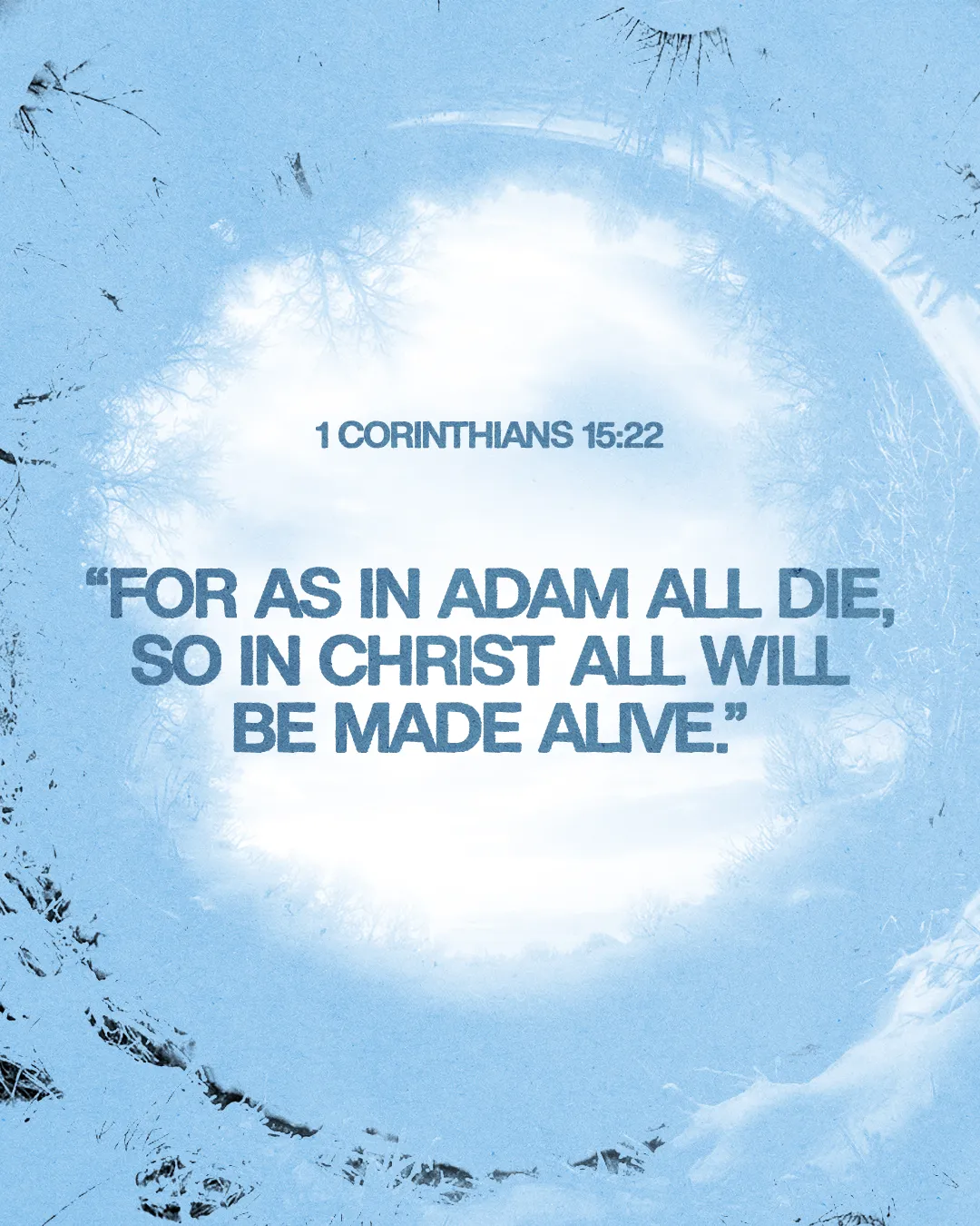 "Scripture from 1 Corinthians 15:22 emphasizes resurrection and new life in Christ amidst a serene winter landscape."