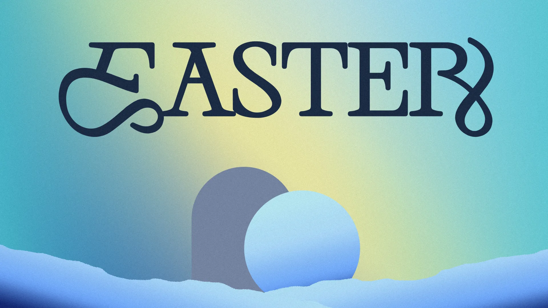 Easter celebration announcement with soft colors and a stone tomb, symbolizing resurrection and hope in faith.