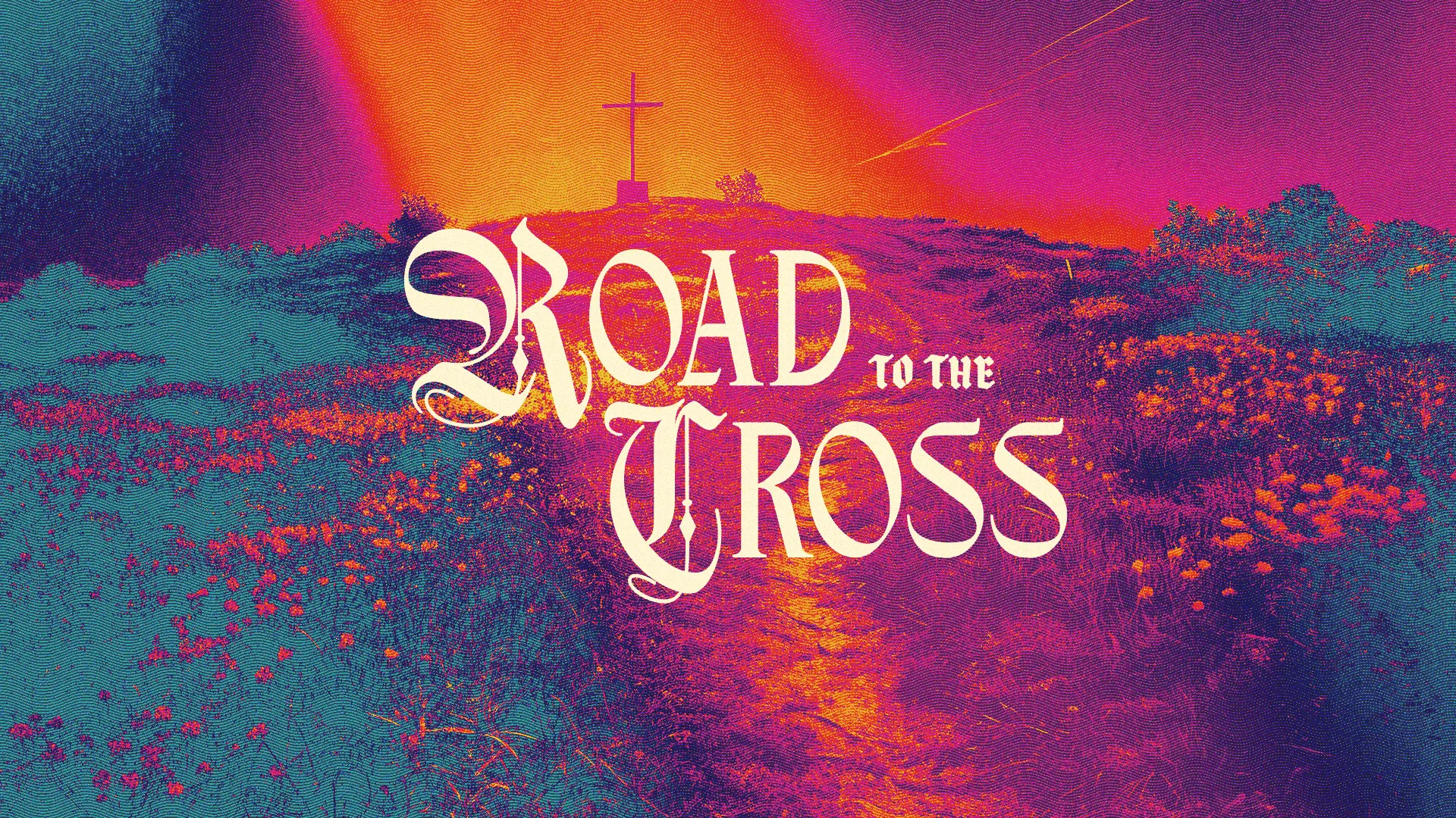 Vibrant pathway leading to a cross, symbolizing faith and the journey to the cross in worship and community.