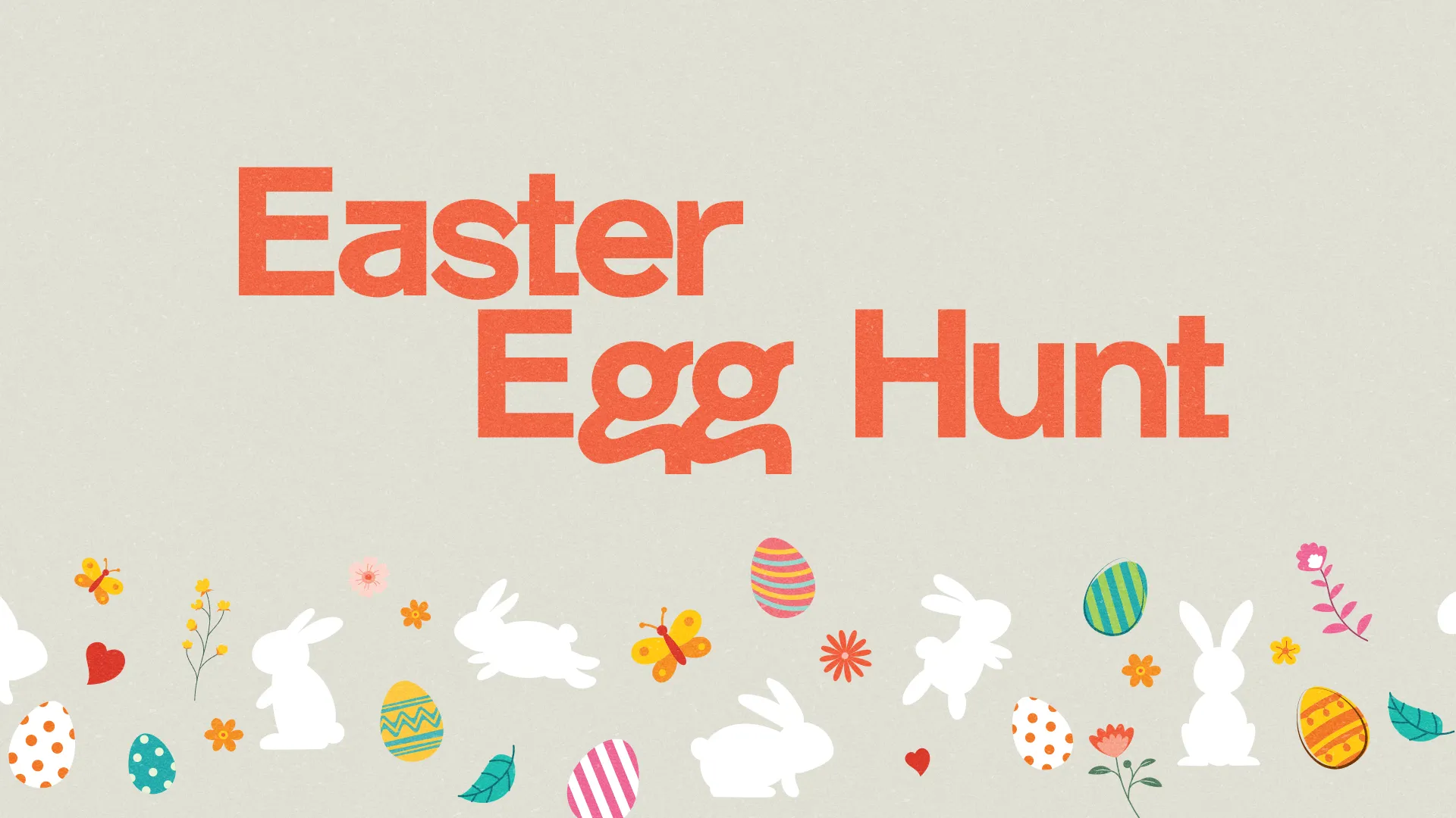 Easter Egg Hunt announcement with colorful eggs, bunnies, and flowers, inviting community celebration and family fun.