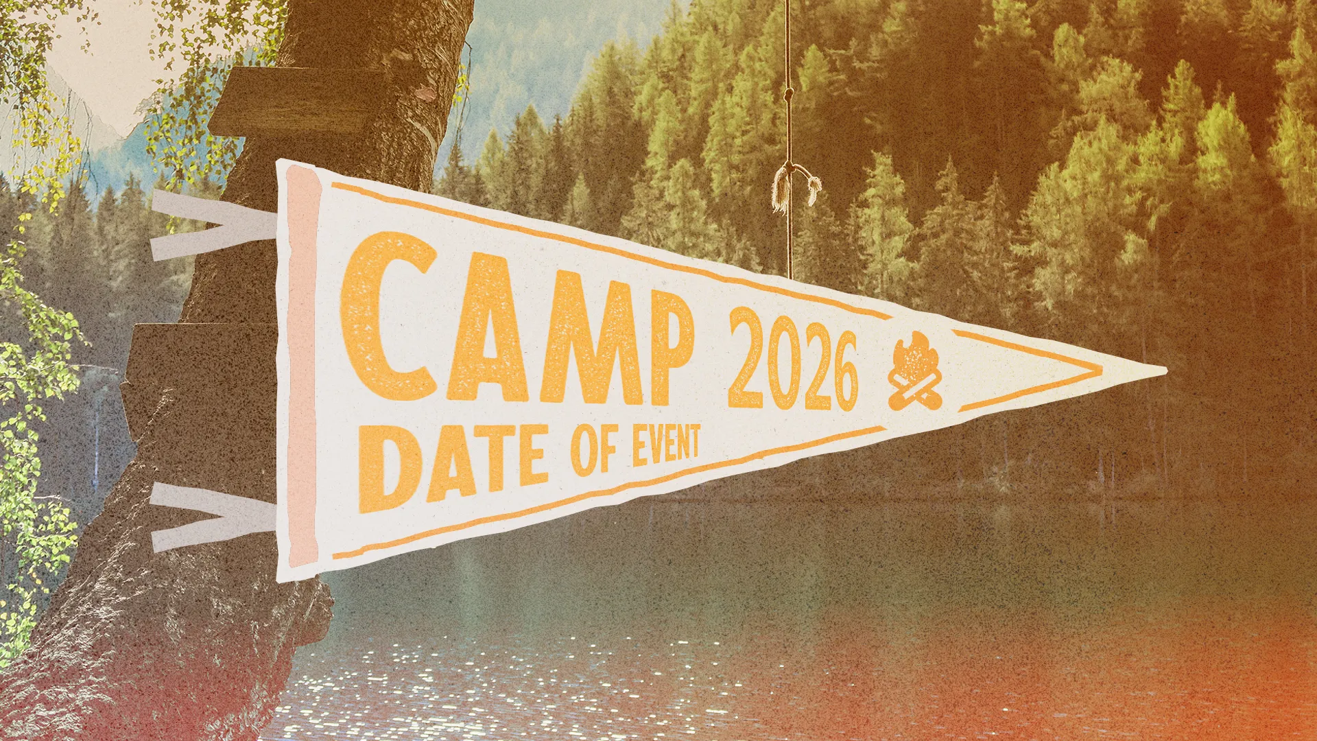 Camp banner with details for church event 2026, set against a serene forest and lake backdrop, promoting community and fellowship.