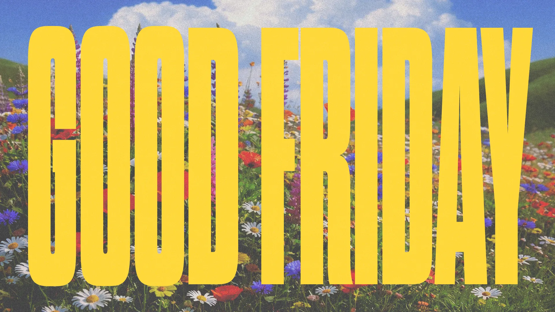 "Good Friday celebration at your church, surrounded by vibrant flowers and a bright sky, symbolizing hope and renewal."
