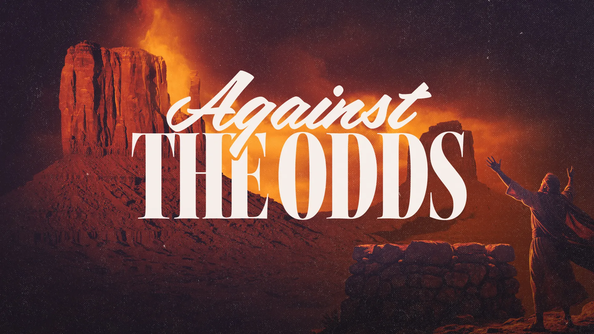 A figure raises hands in worship against a dramatic, fiery backdrop, symbolizing faith and resilience.