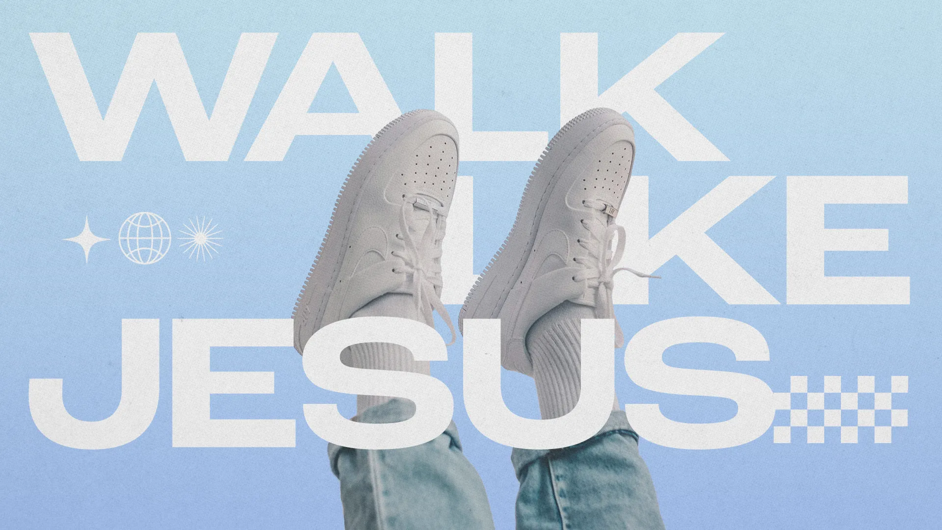 White sneakers with blue background and bold text "WALK LIKE JESUS," symbolizing faith and following Christ's path.