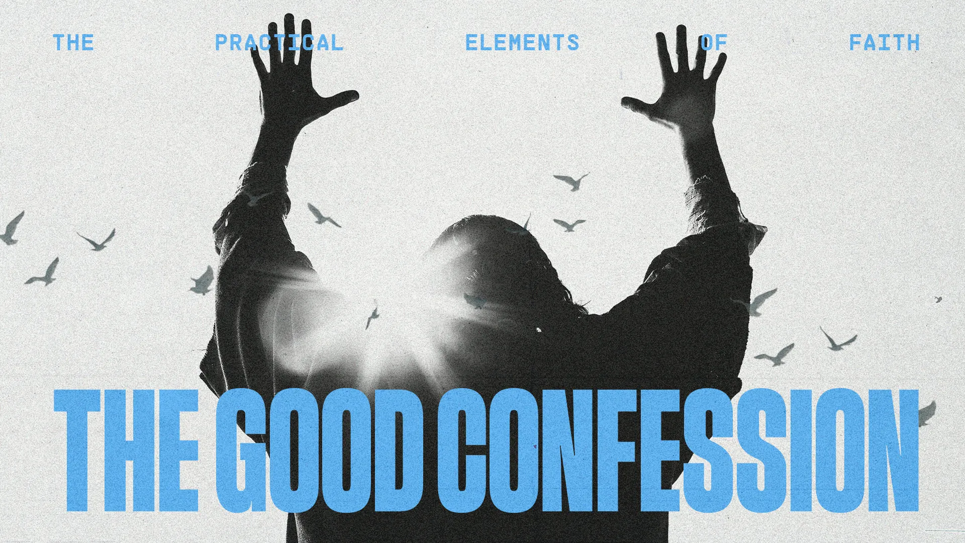 Hands raised in worship against a bright sky, symbolizing faith and confession, with birds soaring above.