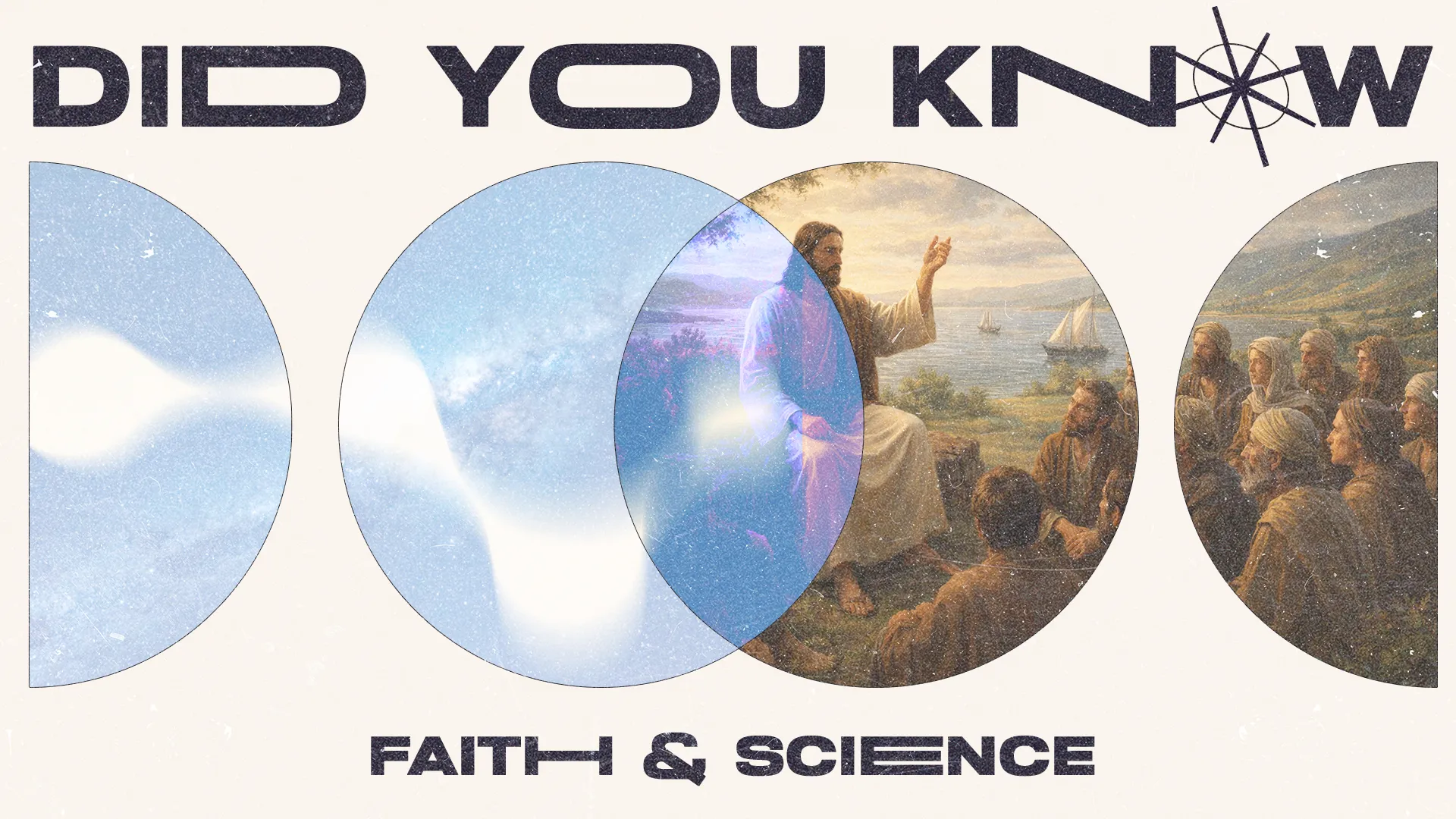 "Intersecting themes of faith and science, featuring Jesus teaching a crowd, symbolizing worship and spiritual growth."