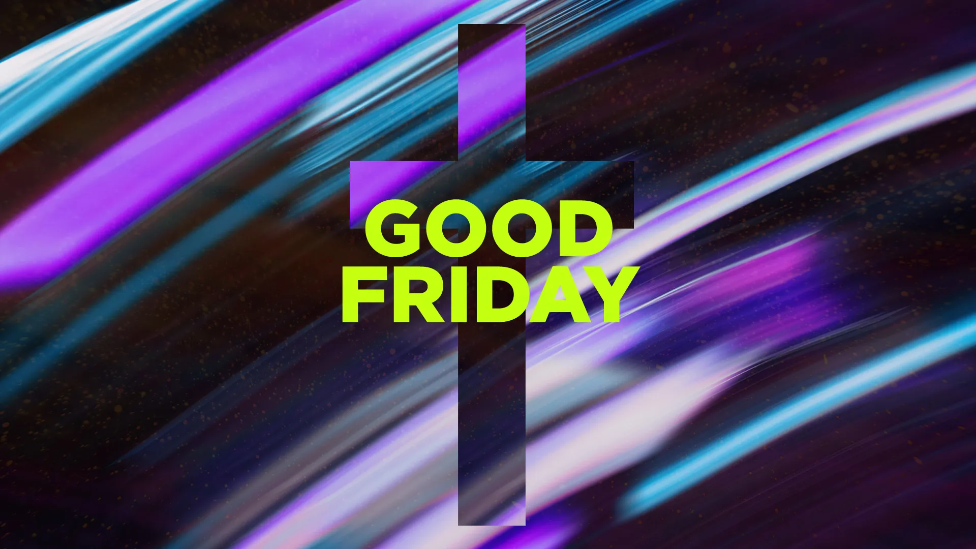 Bold cross with vibrant colors and text announcing "Good Friday at Your Church," symbolizing faith and community.