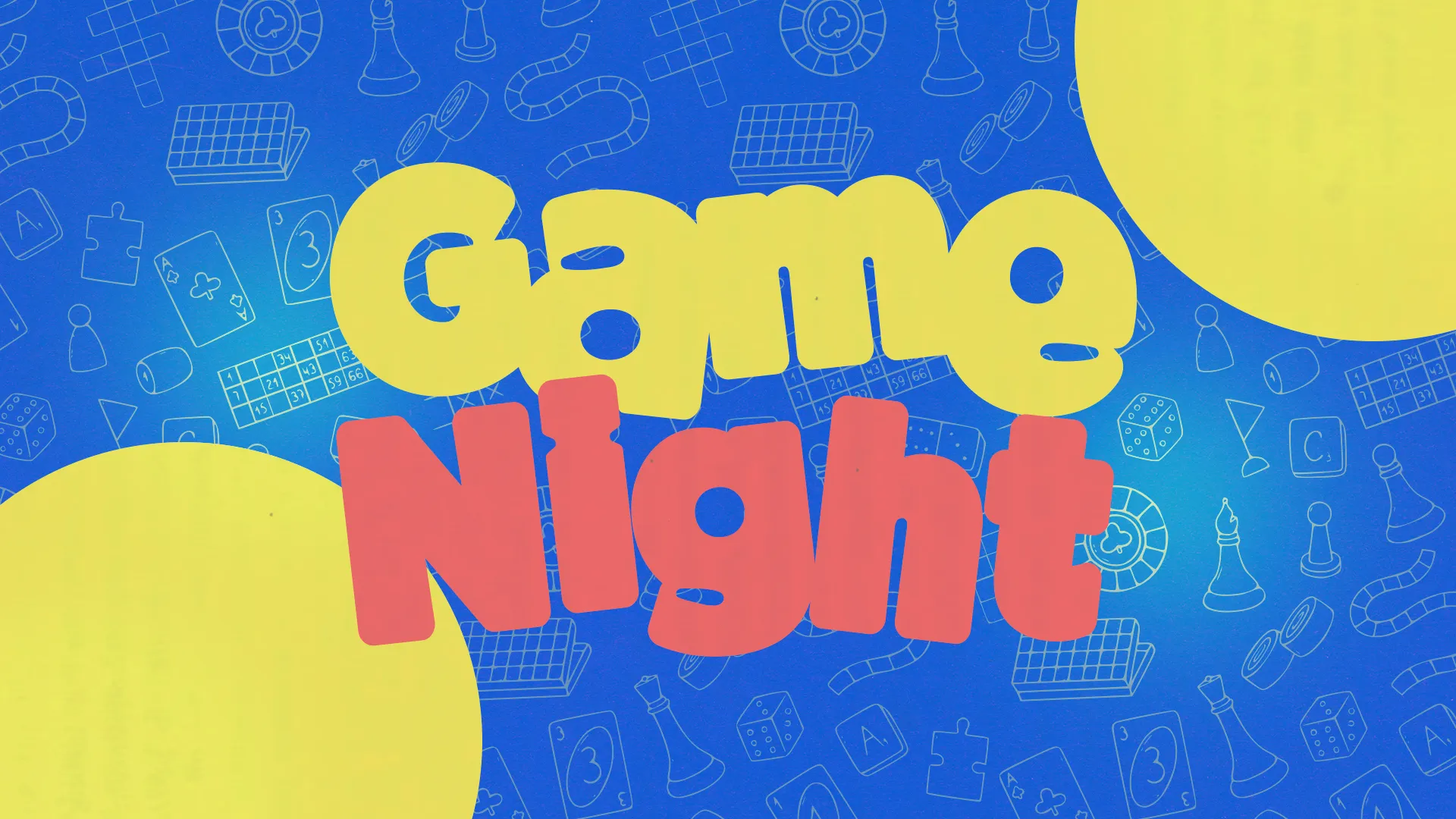 Game Night announcement with vibrant colors, featuring playful graphics of board games, fostering community and fellowship.
