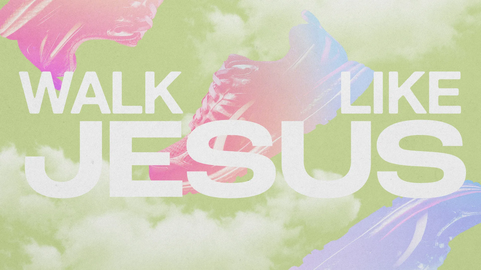 Colorful sneakers with the phrase "WALK LIKE JESUS" over a soft green and cloud background, symbolizing faith and action.