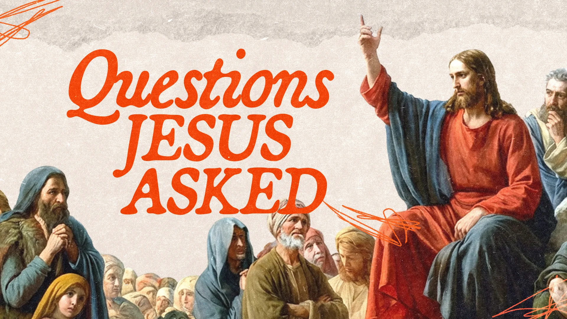 Jesus teaching a crowd, emphasizing faith and reflection with the text "Questions Jesus Asked" prominently displayed.