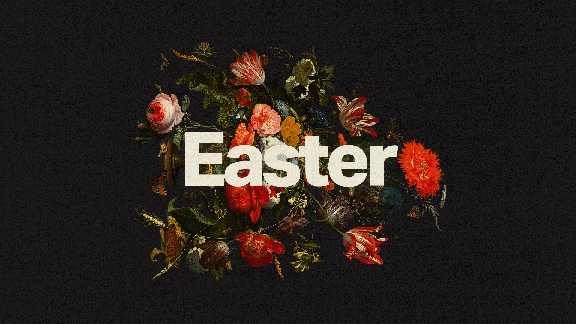 Easter celebration graphic featuring vibrant flowers and bold text inviting the community to worship together.