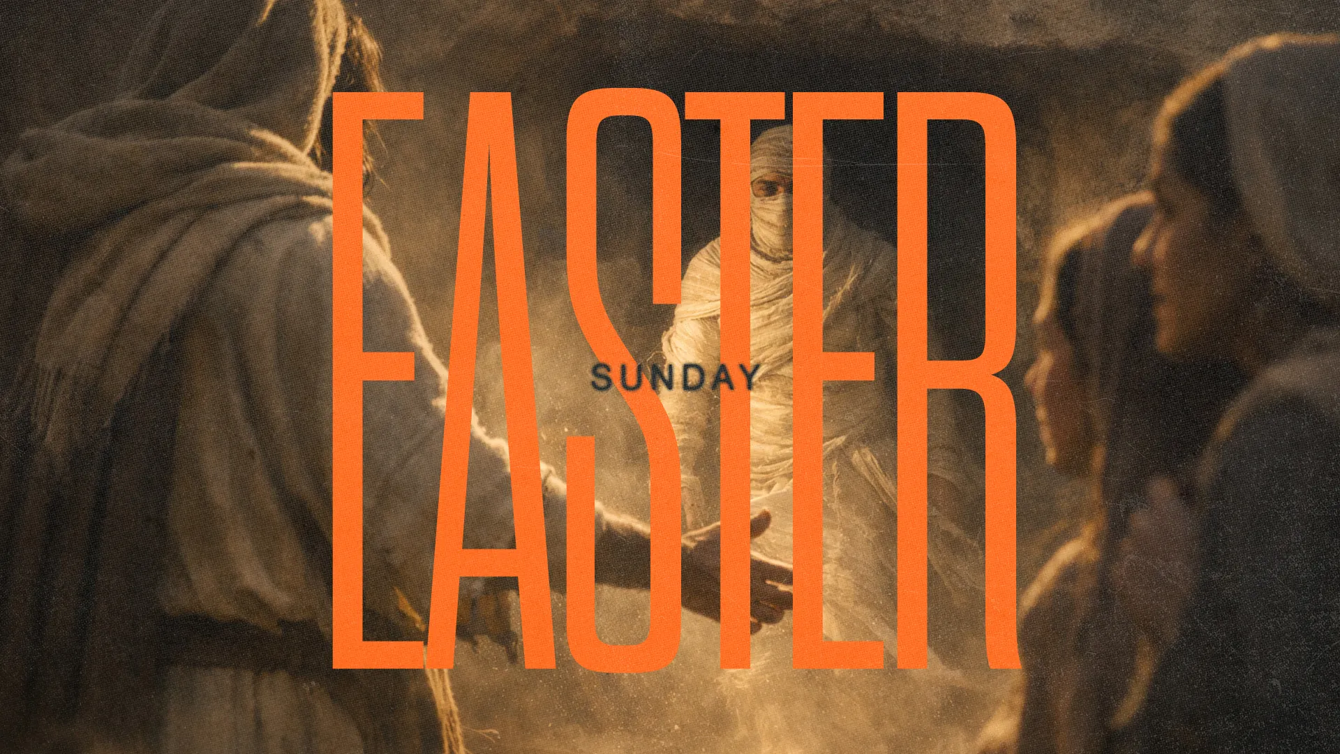 Easter Sunday celebration, featuring figures in biblical attire, emphasizing resurrection and community in faith.
