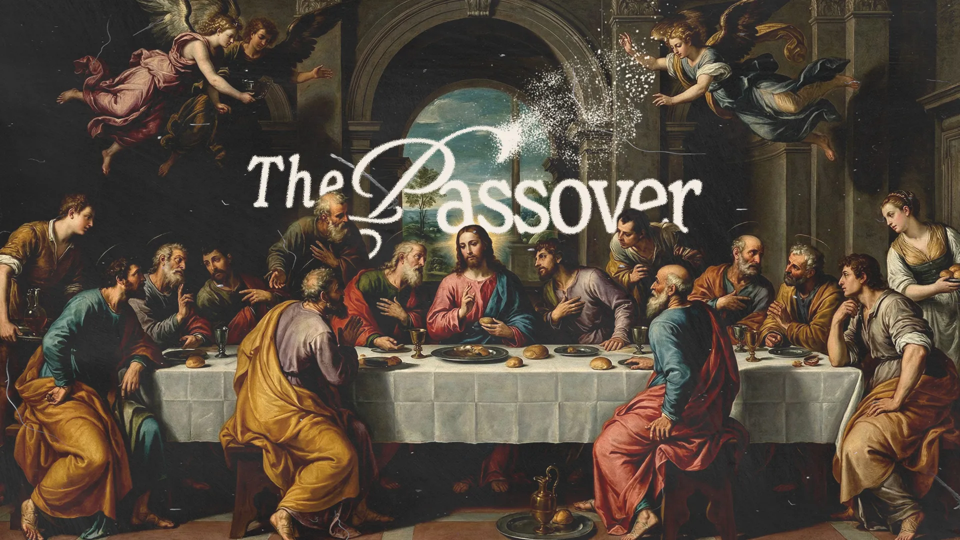 The Last Supper scene with Jesus and disciples, embodying themes of faith, community, and the Passover celebration.