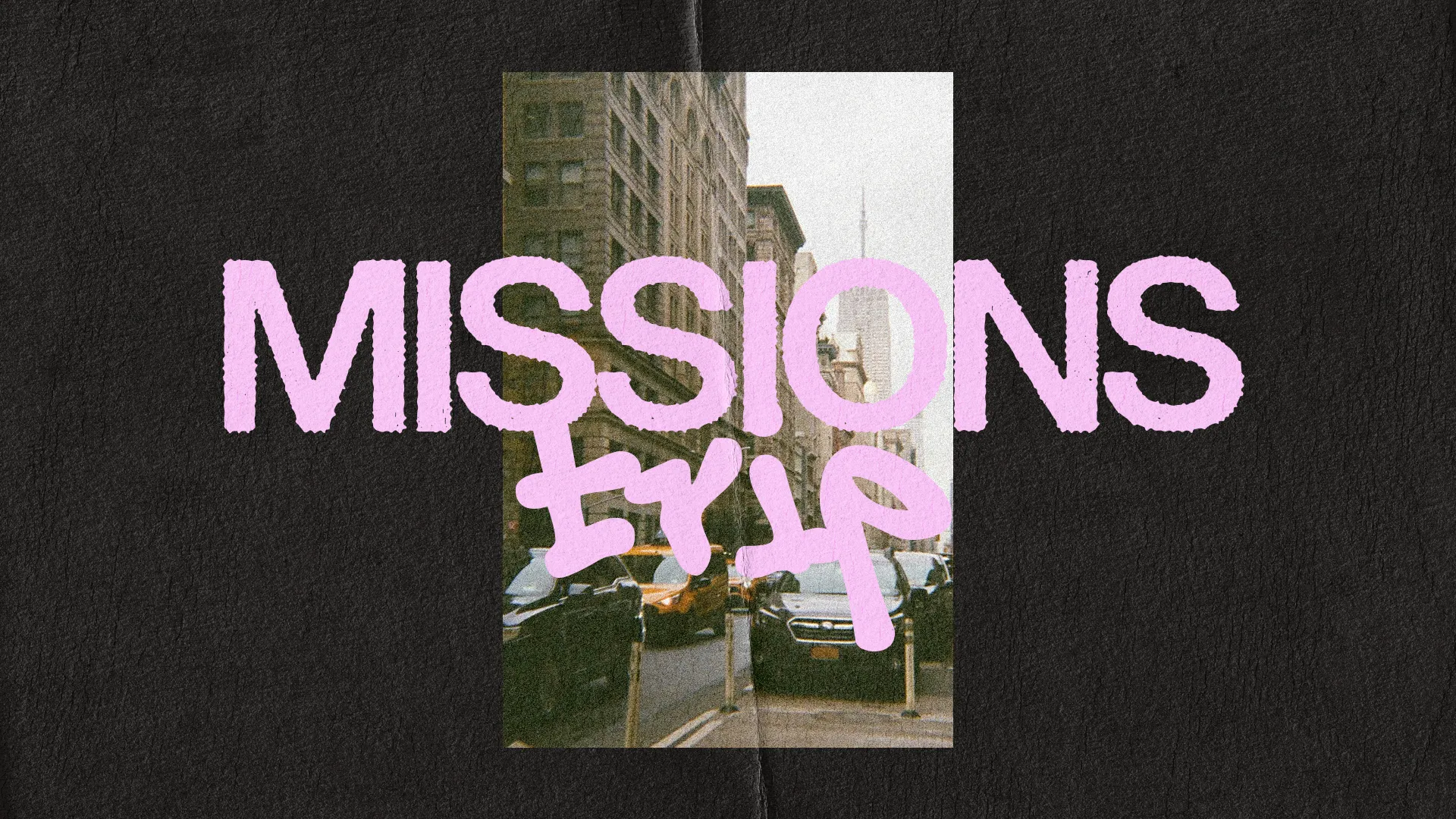 Missions trip announcement with urban backdrop, emphasizing community service and faith in action.