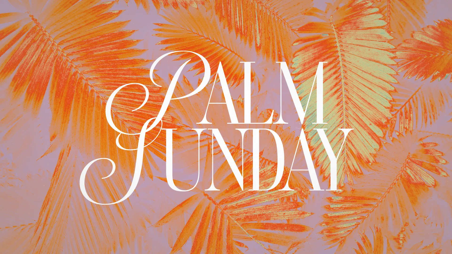 Vibrant palm leaves with "Palm Sunday" text, symbolizing celebration and faith in the Christian community.