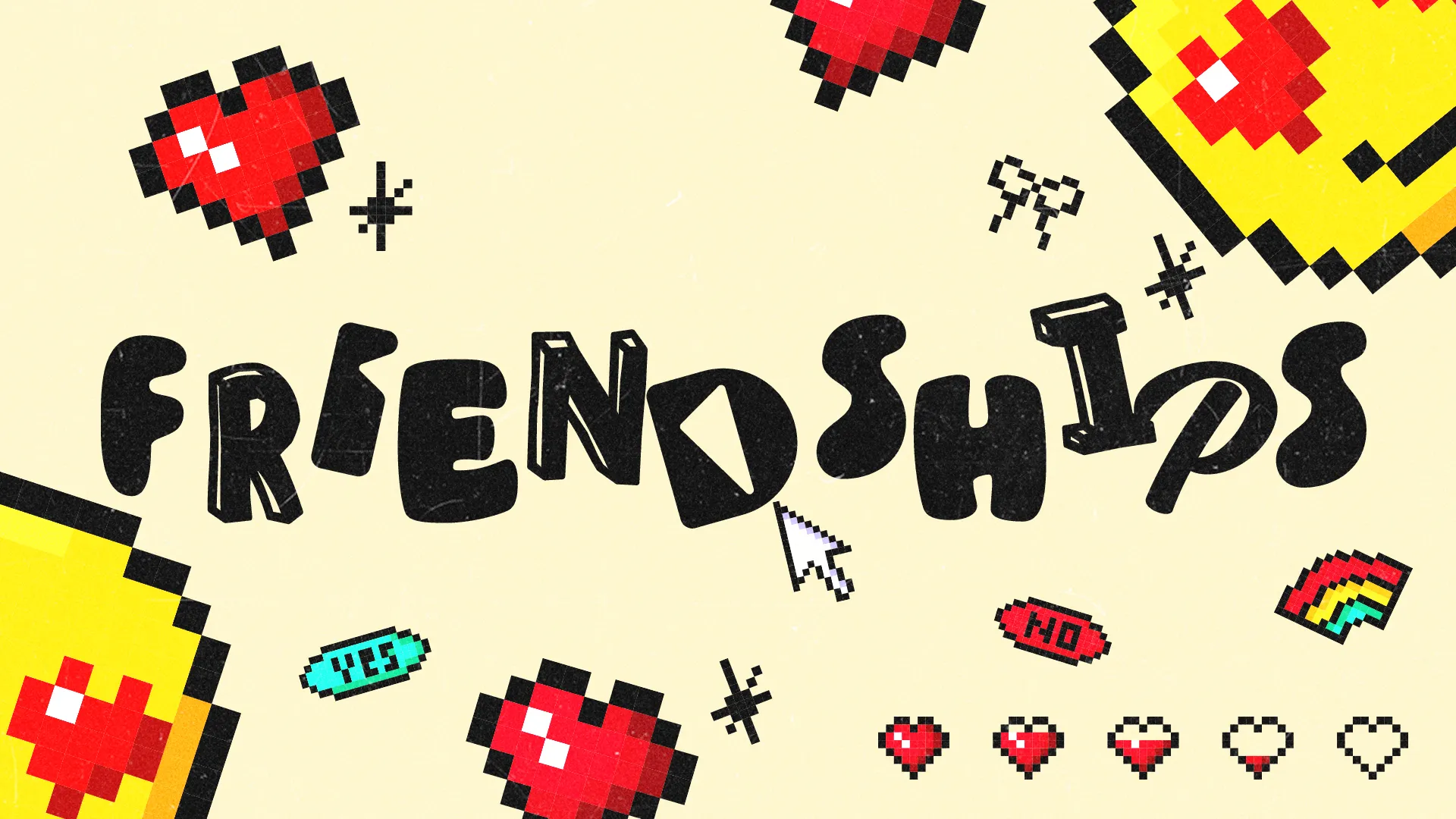 Colorful pixel hearts and playful text "FRIENDSHIPS" emphasize community and love in faith-based connections.